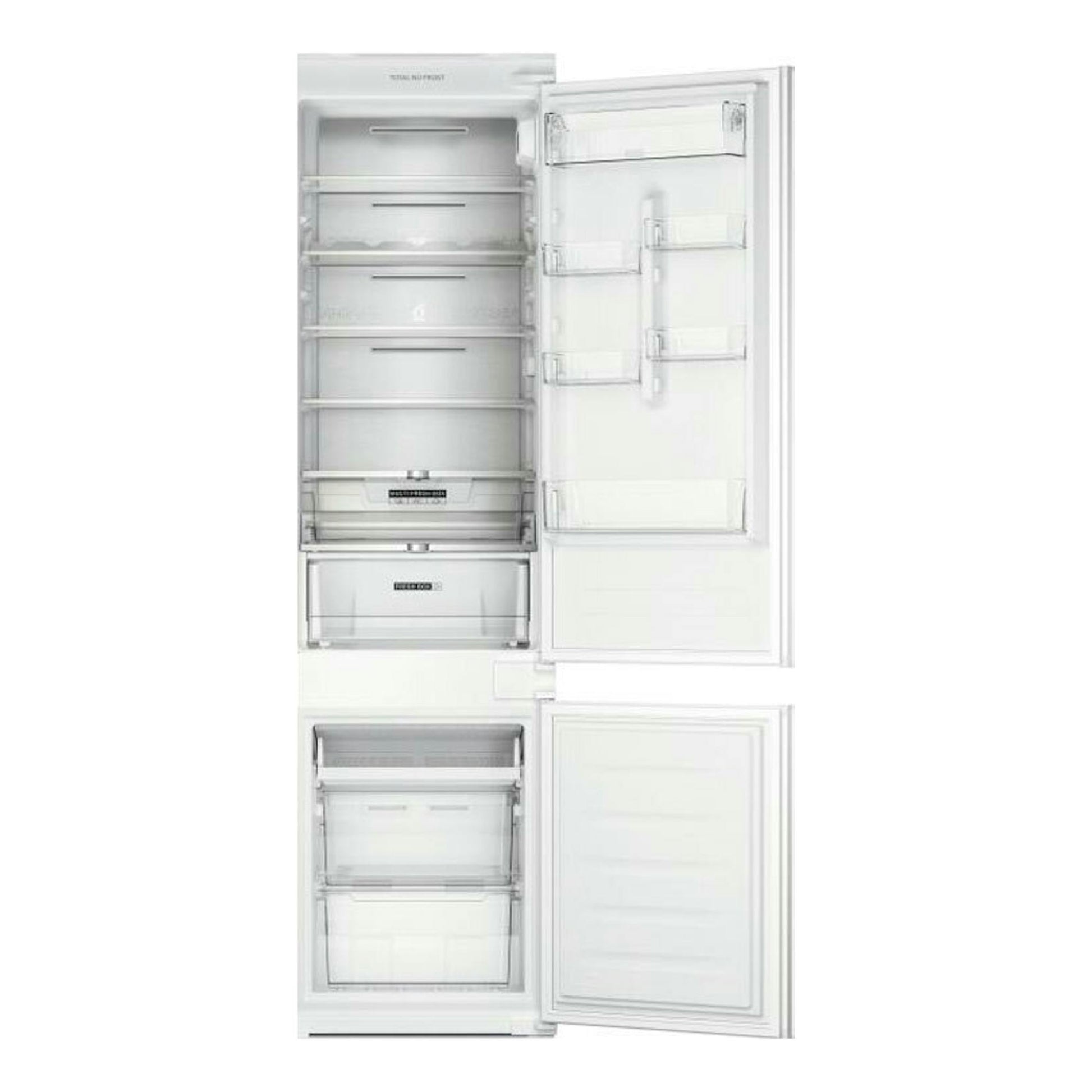 Frigorífico combi integrable Whirlpool WHC20 T152 blanco, visto de frente con puertas abiertas.