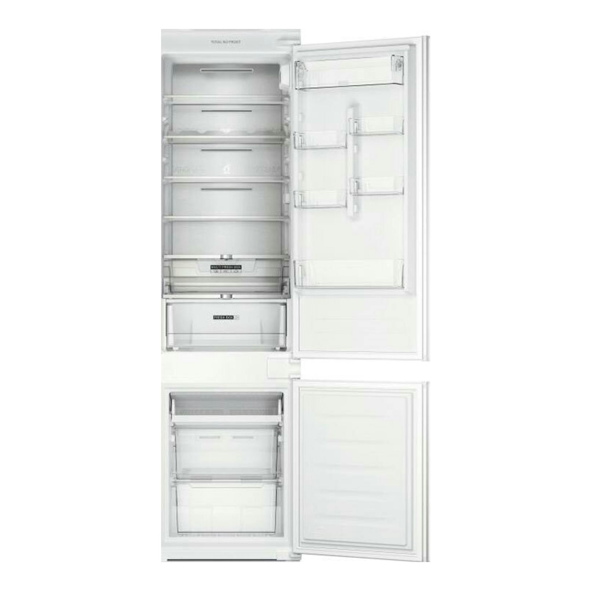 Frigorífico combi integrable Whirlpool WHC20 T152 blanco, visto de frente con puertas abiertas.
