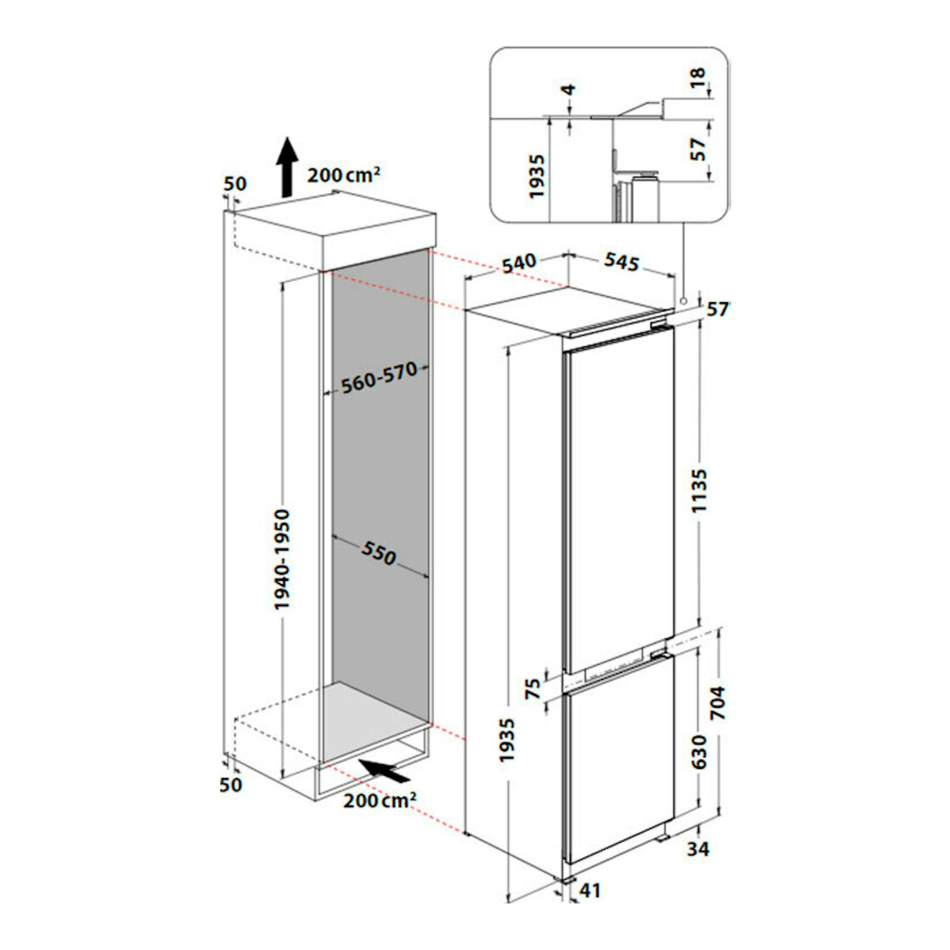 Diagrama técnico en vista frontal y lateral del frigorífico combi integrable Whirlpool WHC20 T152 blanco, con medidas.