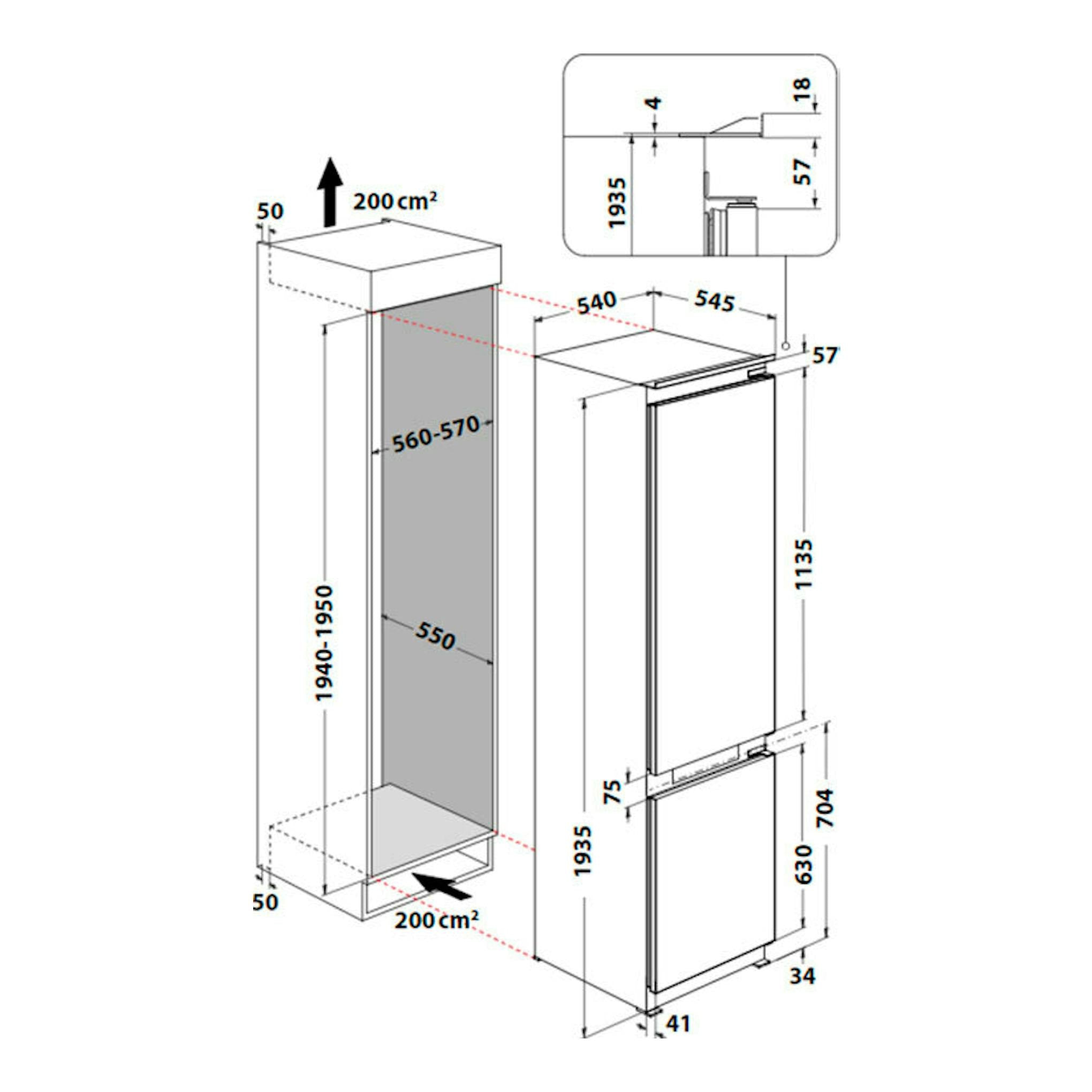 Diagrama técnico en vista frontal y lateral del frigorífico combi integrable Whirlpool WHC20 T152 blanco, con medidas.
