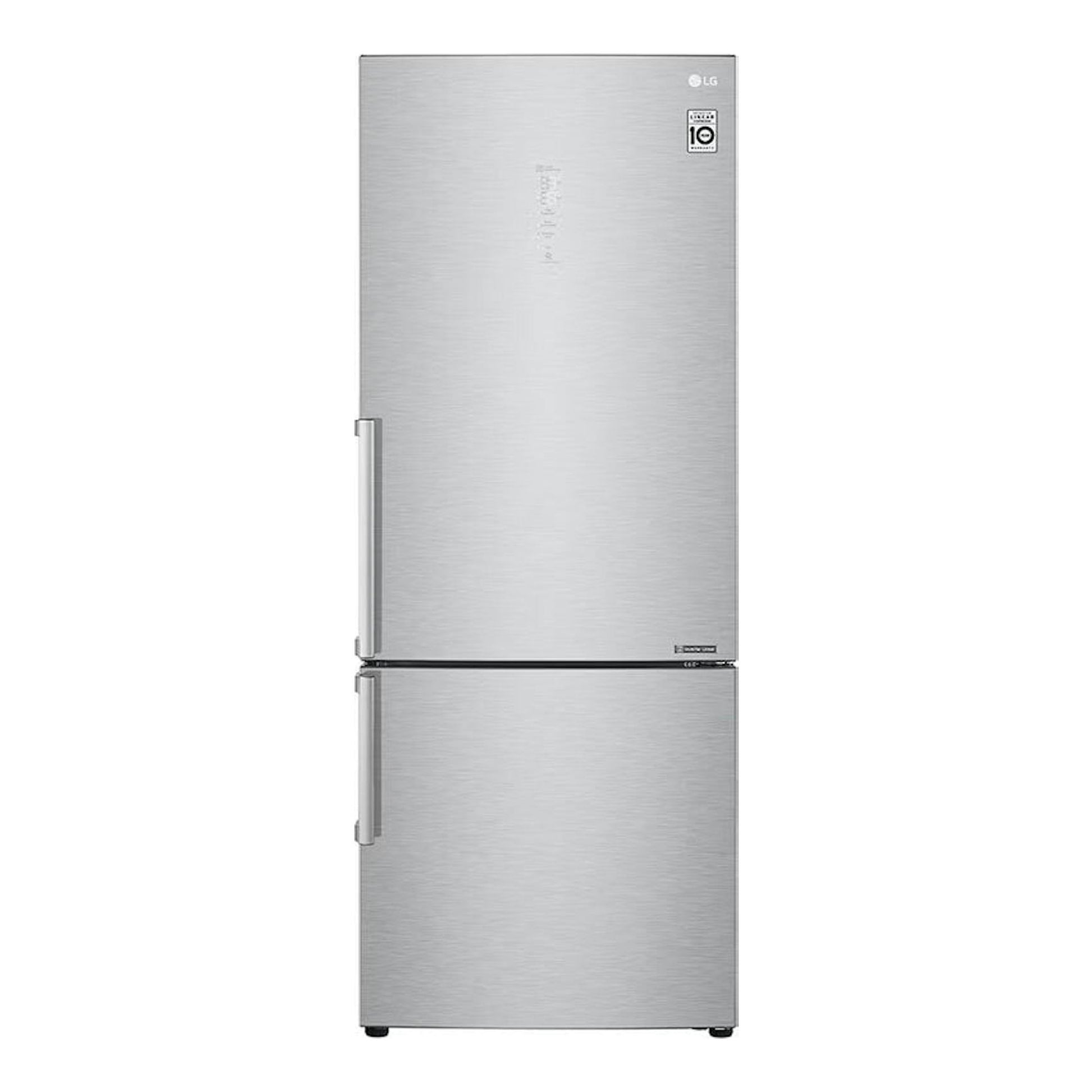 Frigorífico combi LG GBB569NSAFB inox, vista frontal, dos puertas y tirador lateral.