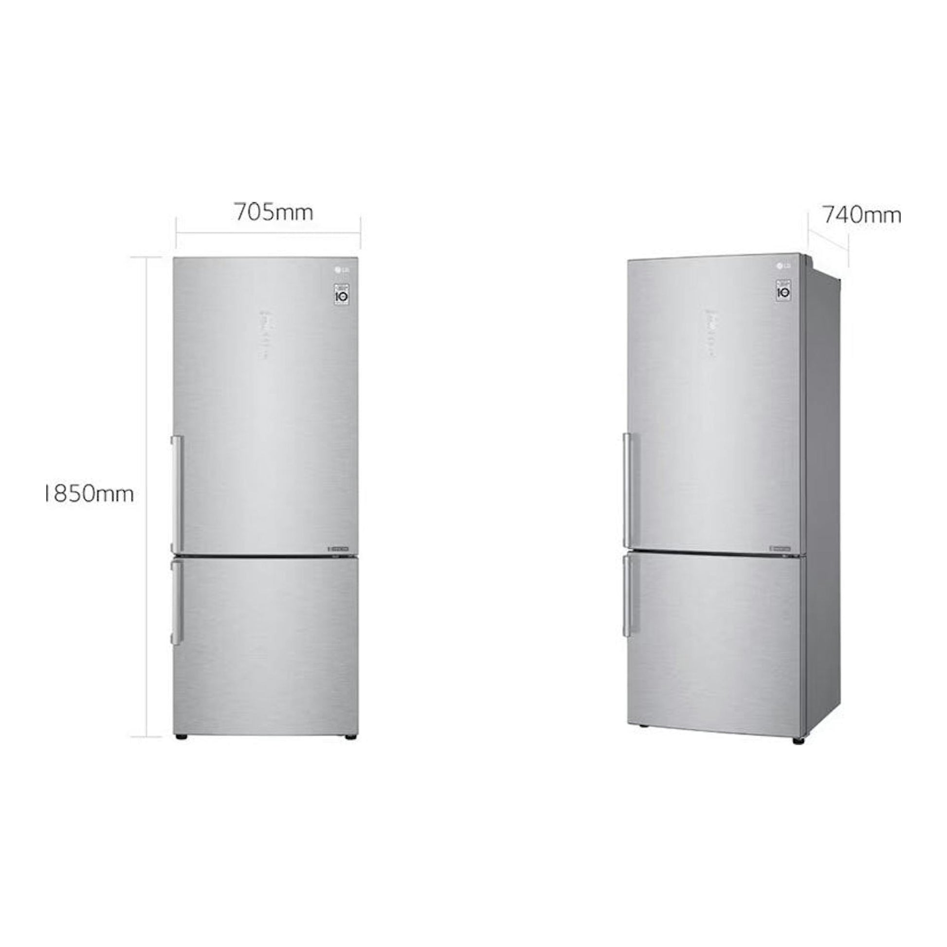Frigorífico combi LG GBB569NSAFB inox, vista frontal y lateral, con medidas 1850 x 705 x 740 mm.