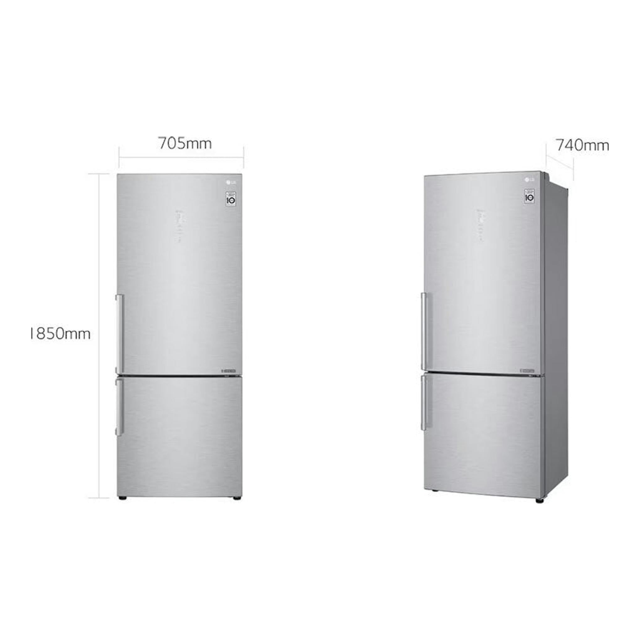 Frigorífico combi LG GBB569NSAFB inox, vista frontal y lateral, con medidas 1850 x 705 x 740 mm.