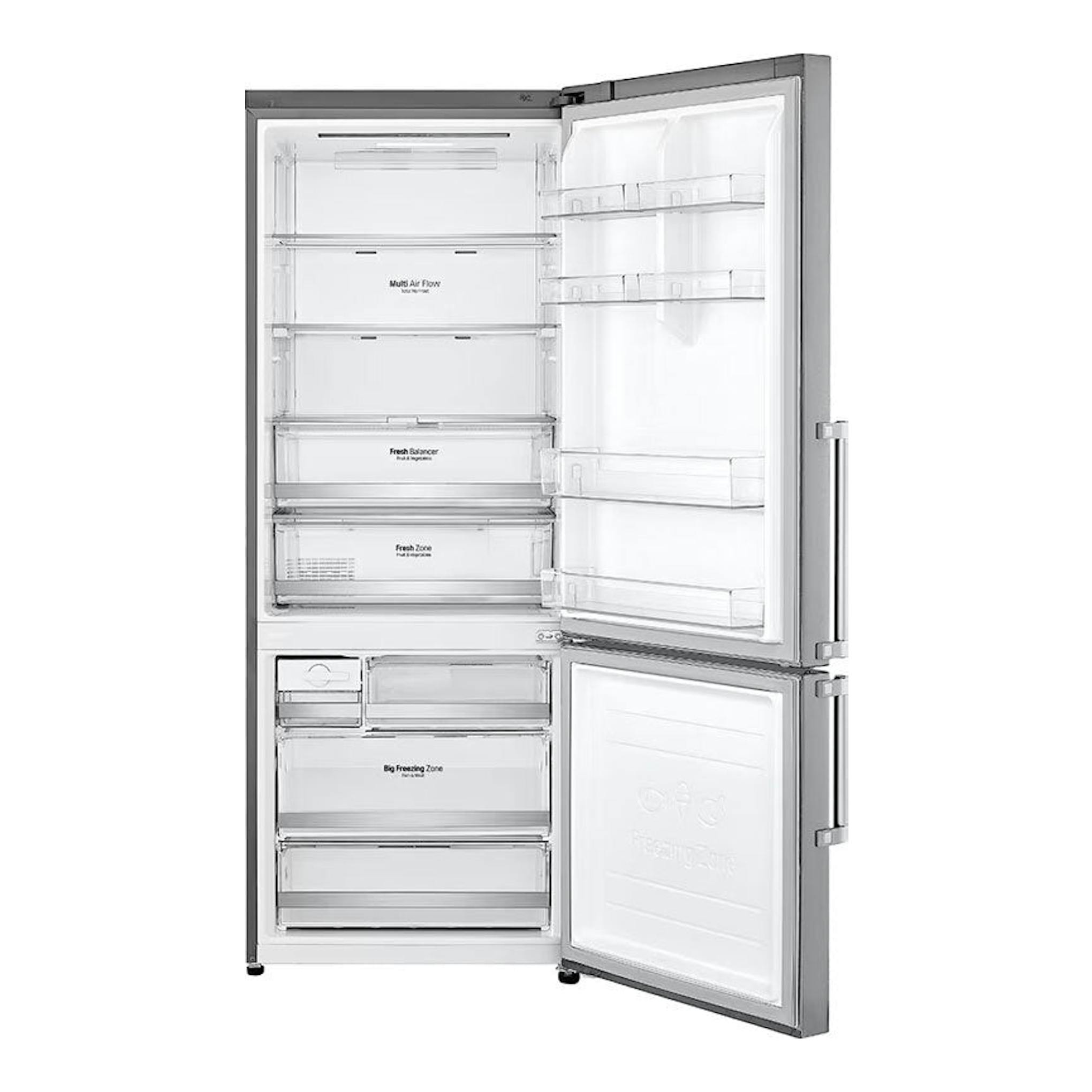 Frigorífico combi LG GBB569NSAFB inox, vista frontal con puertas abiertas y compartimentos interiores visibles.