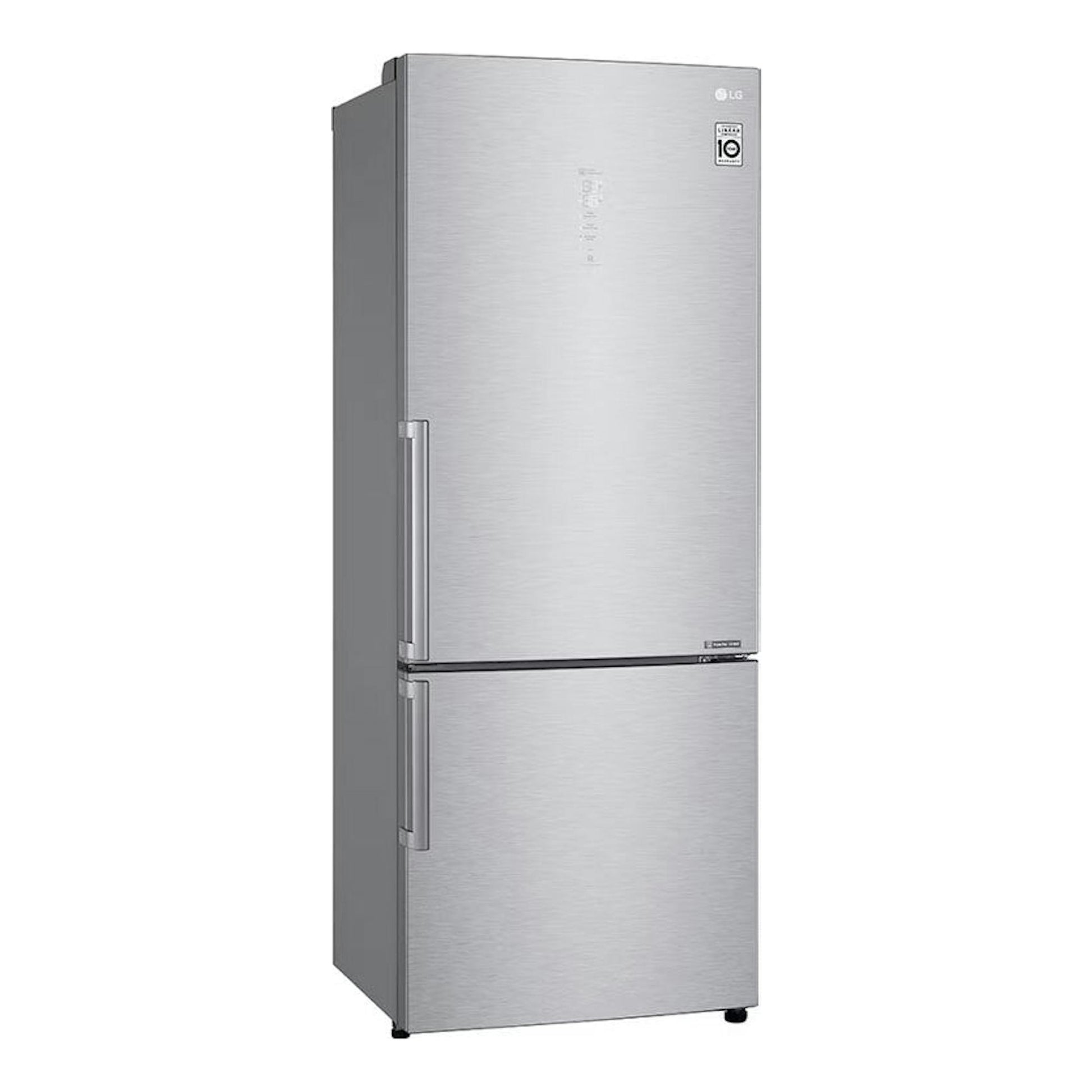 Frigorífico combi LG GBB569NSAFB inox, vista frontal ligeramente angulada, con dos puertas.