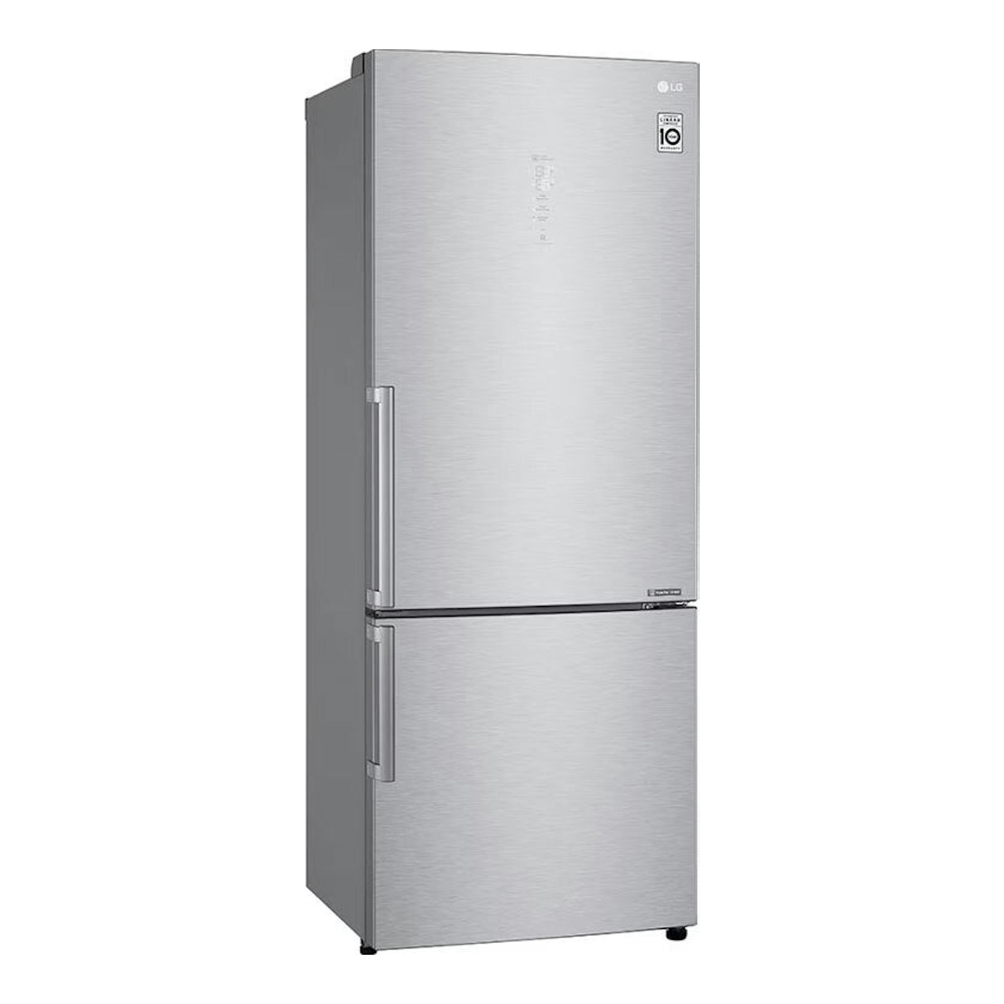 Frigorífico combi LG GBB569NSAFB inox, vista frontal ligeramente angulada, con dos puertas.