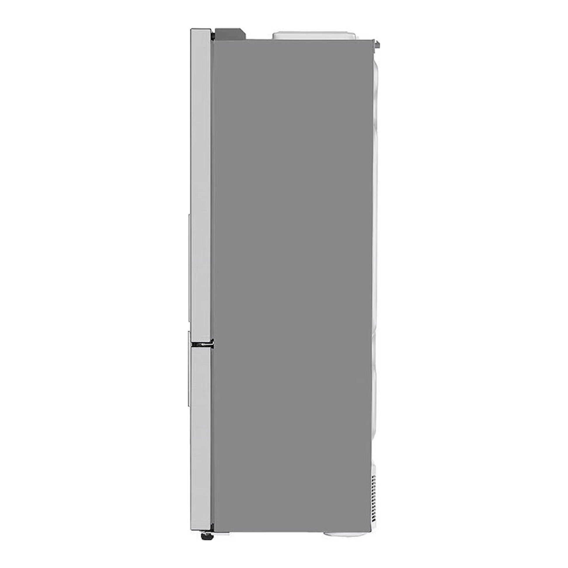 Frigorífico combi LG GBB569NSAFB inox, vista lateral, acabado plateado.