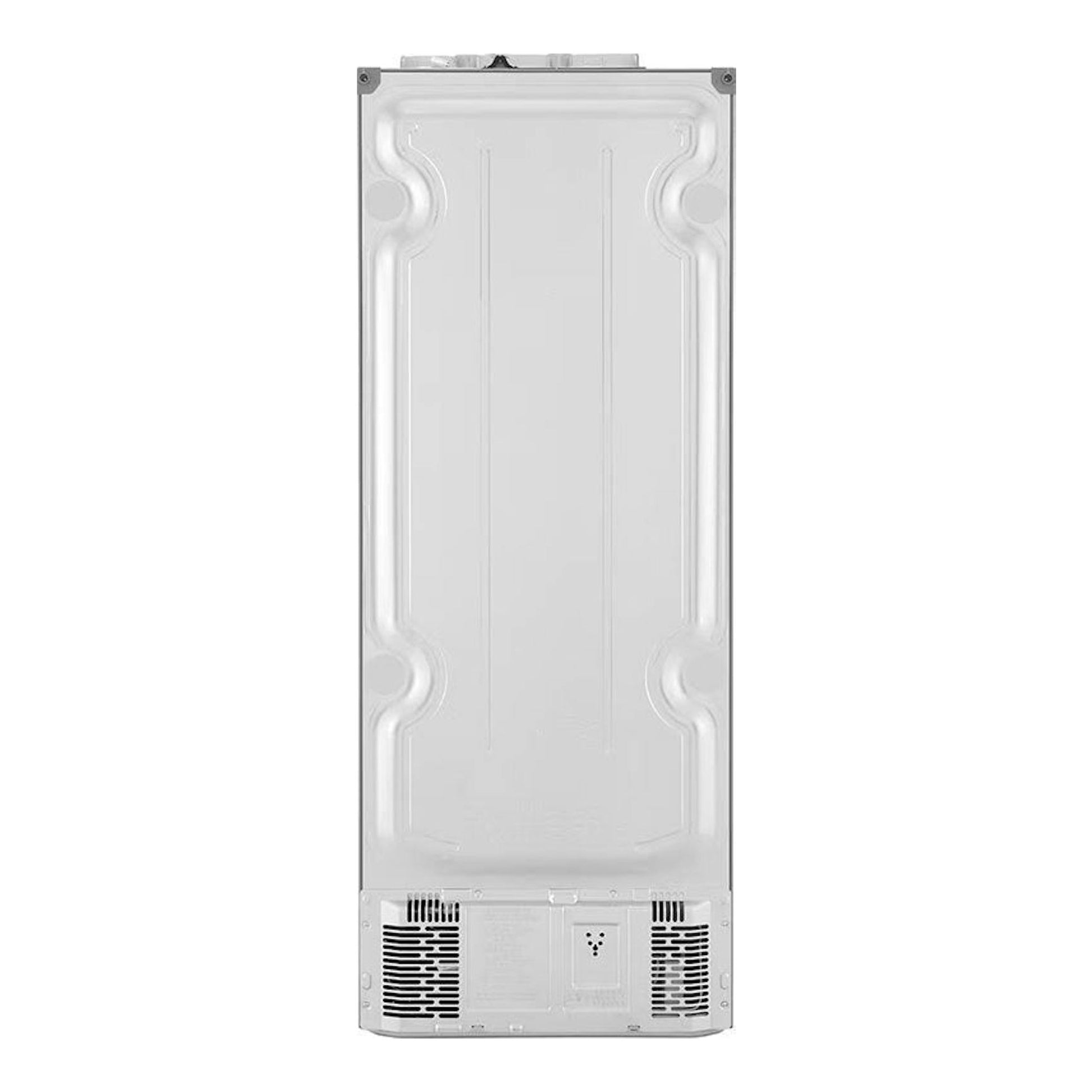 Frigorífico combi LG GBB569NSAFB en vista trasera, con panel posterior metálico blanco.
