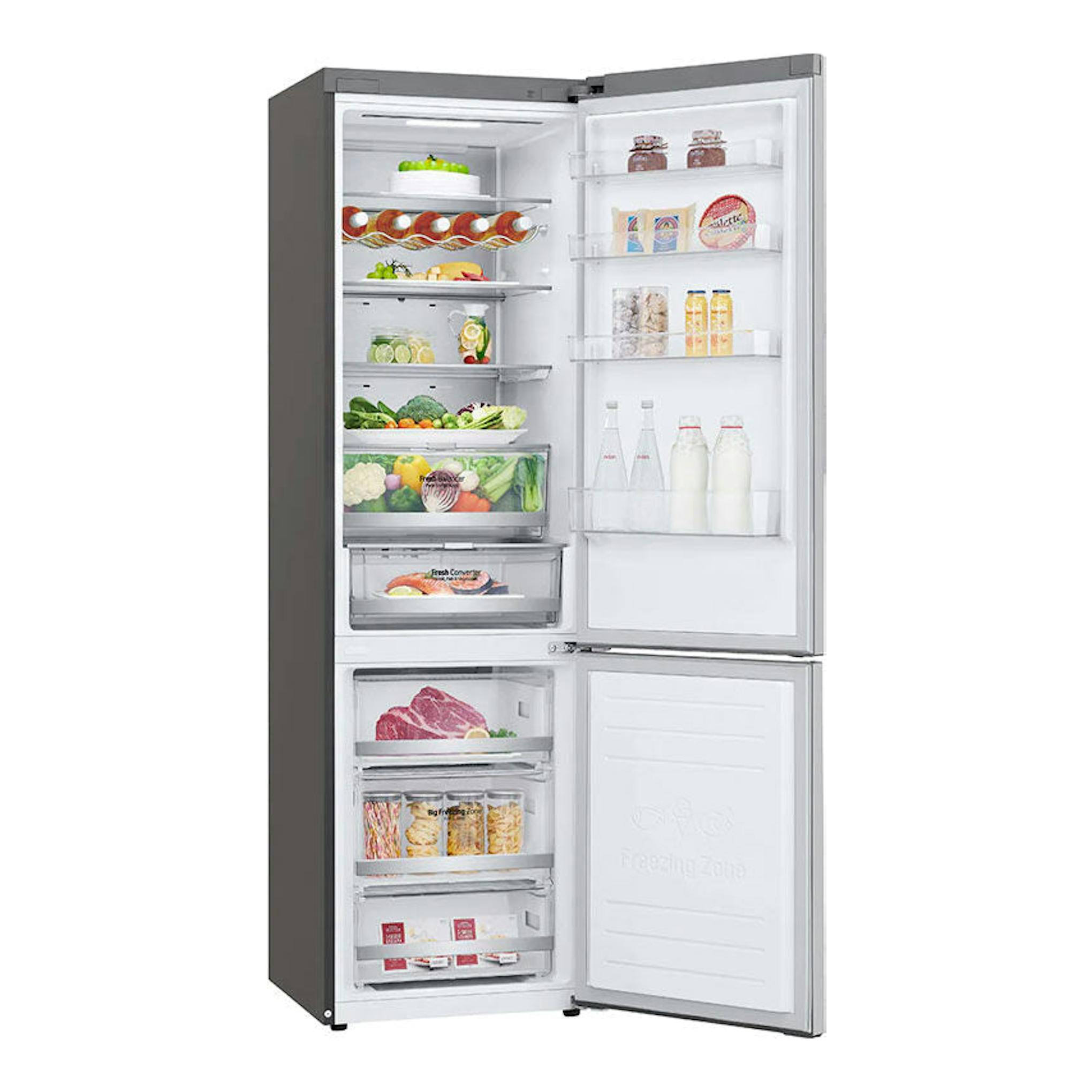 Frigorífico combi LG GBB72NSUCN inox, vista frontal con puertas abiertas e interior visible.