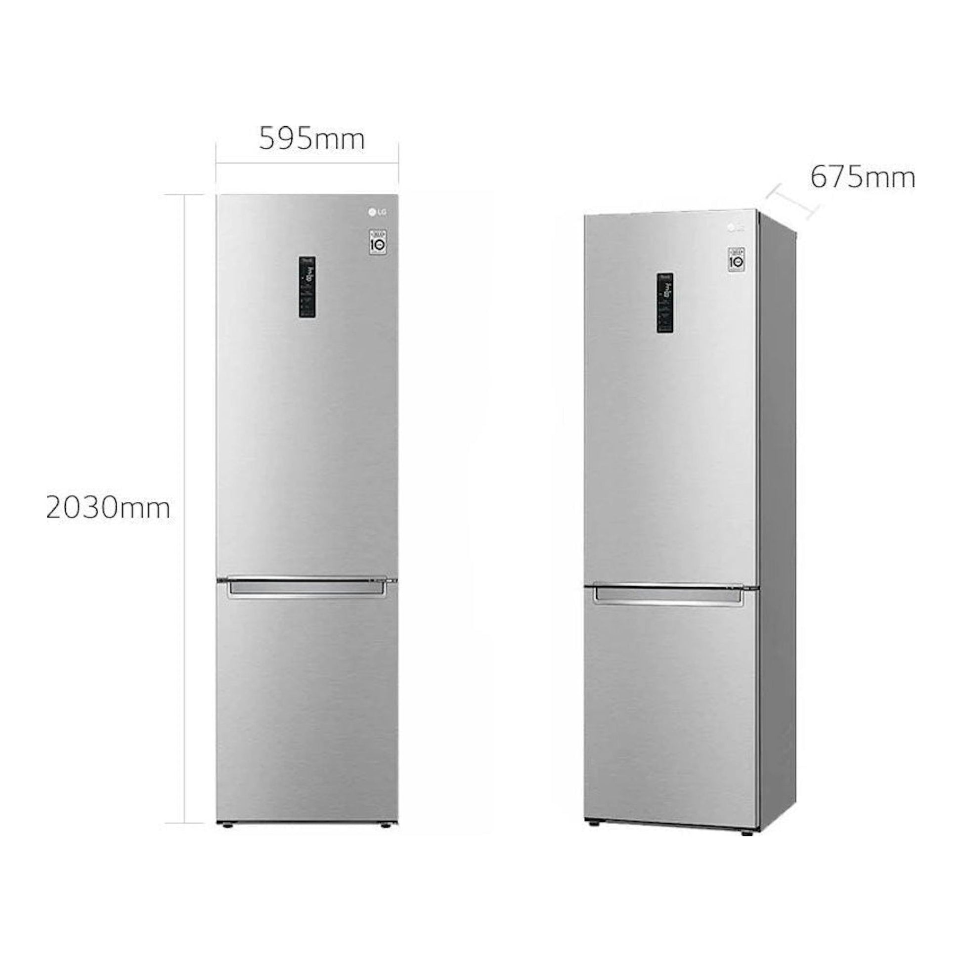 Frigorífico combi LG GBB72NSUCN inox, vista frontal y lateral, con medidas 2030 x 595 x 675 mm.