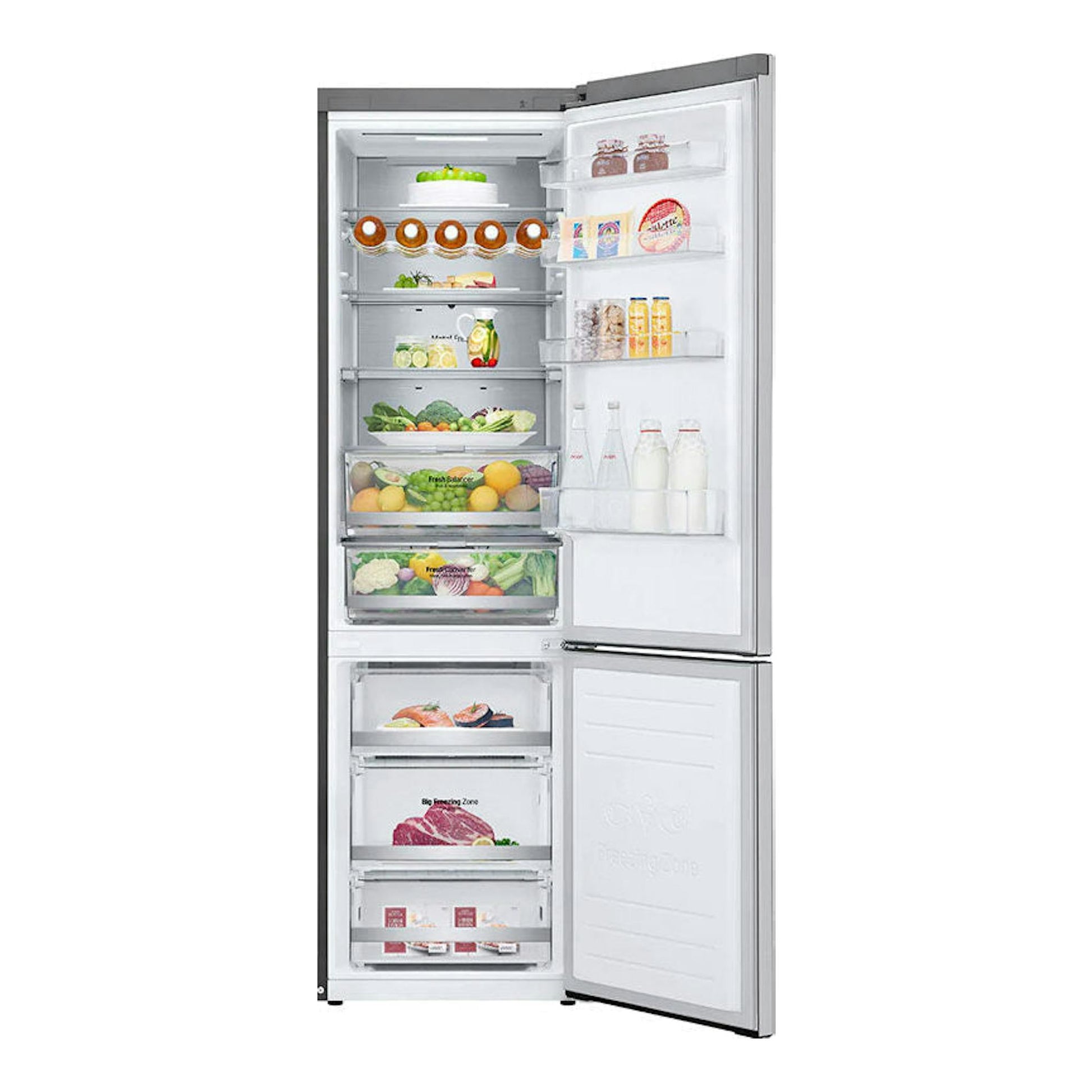 Frigorífico combi LG GBB72NSUCN inox, vista frontal con puertas abiertas e interior visible.