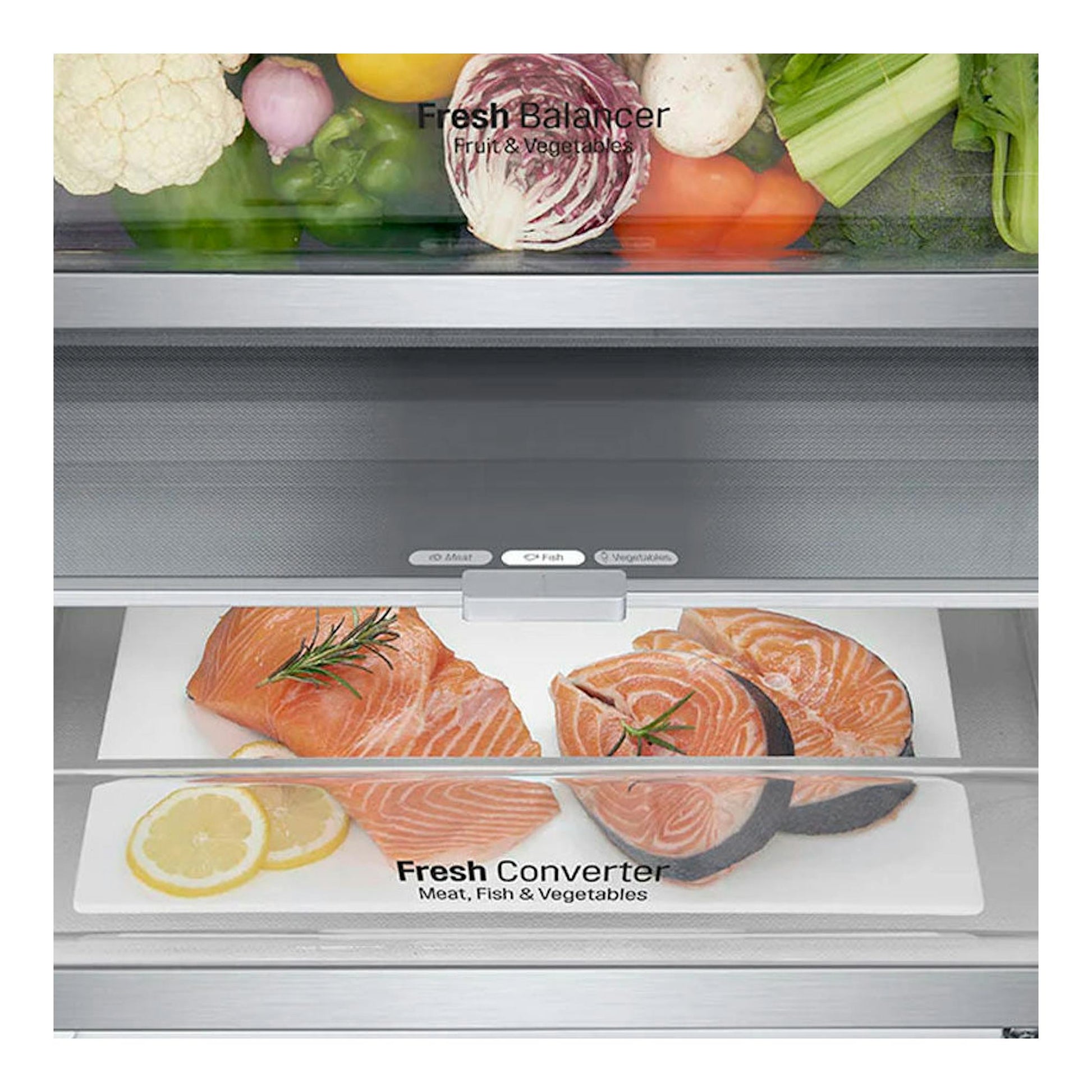 Interior de frigorífico combi LG GBB72NSUCN inox con cajones Fresh Balancer y Fresh Converter.