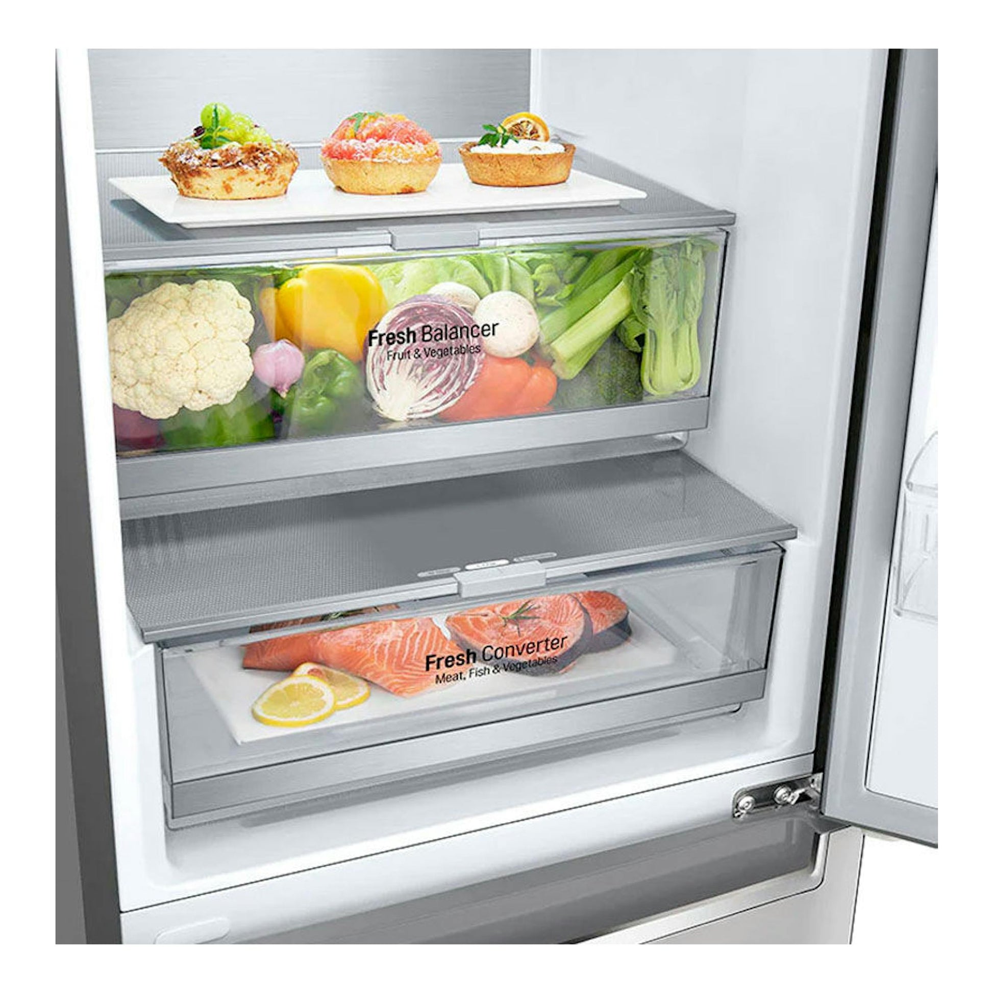 Interior de frigorífico LG GBB72NSUCN inox, con cajones Fresh Balancer y Fresh Converter y alimentos.
