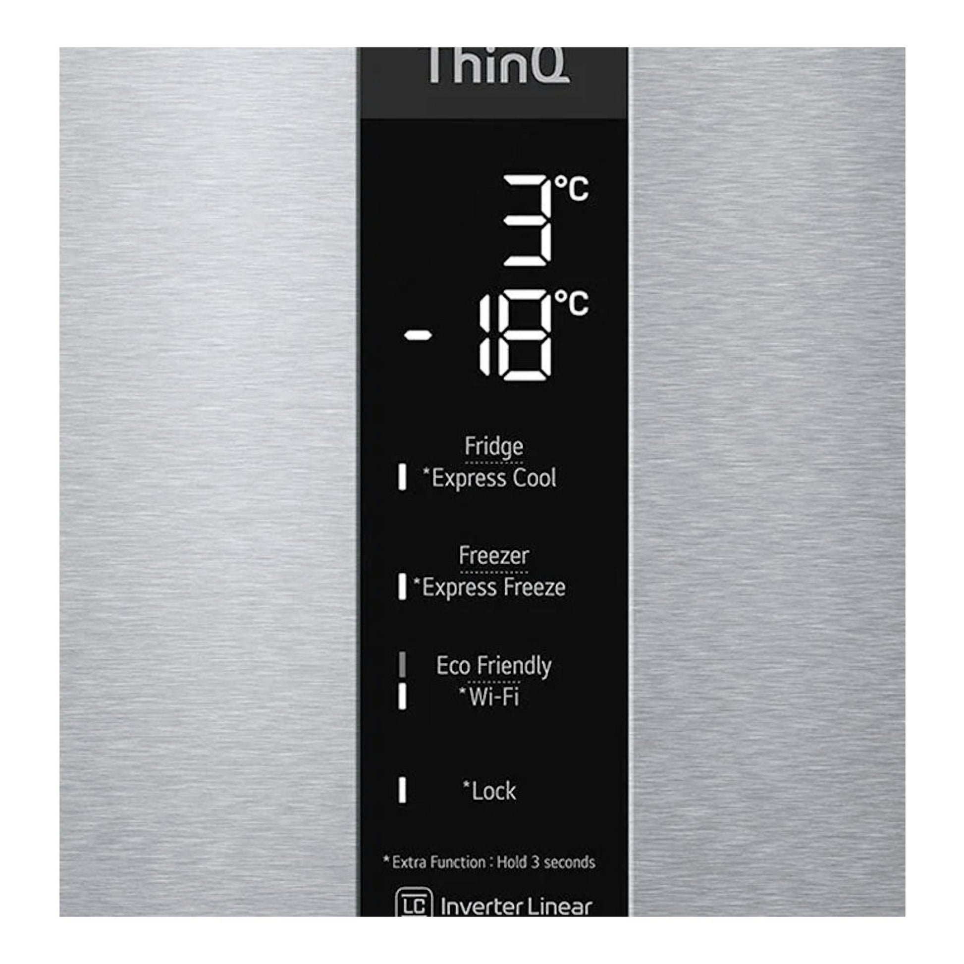 Frigorífico combi LG GBB72NSUCN inox, vista frontal parcial del panel táctil con temperaturas 3 °C y -18 °C.