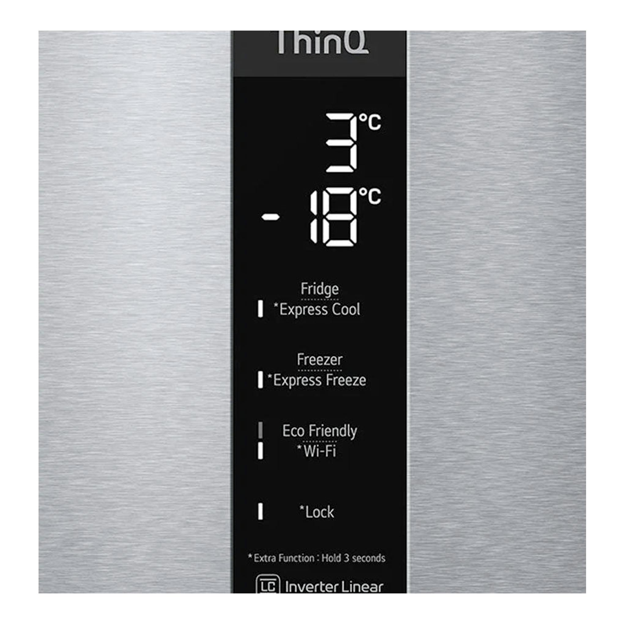 Frigorífico combi LG GBB72NSUCN inox, vista frontal parcial del panel táctil con temperaturas 3 °C y -18 °C.