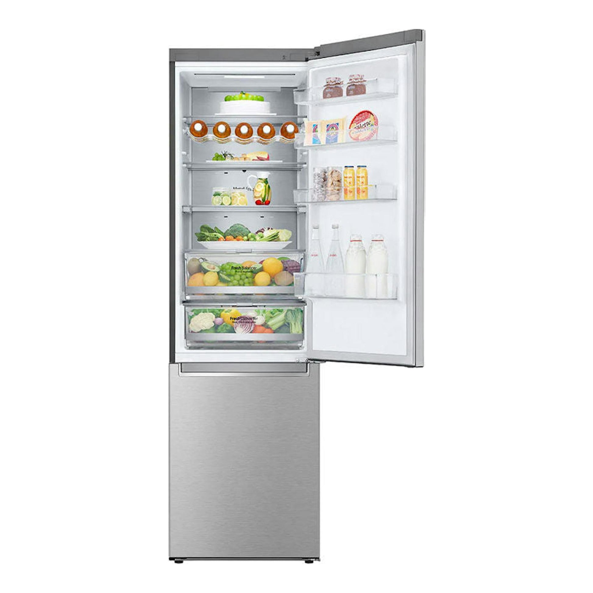 Frigorífico combi LG GBB72NSUCN inox, vista frontal con la puerta abierta y estantes interiores visibles.