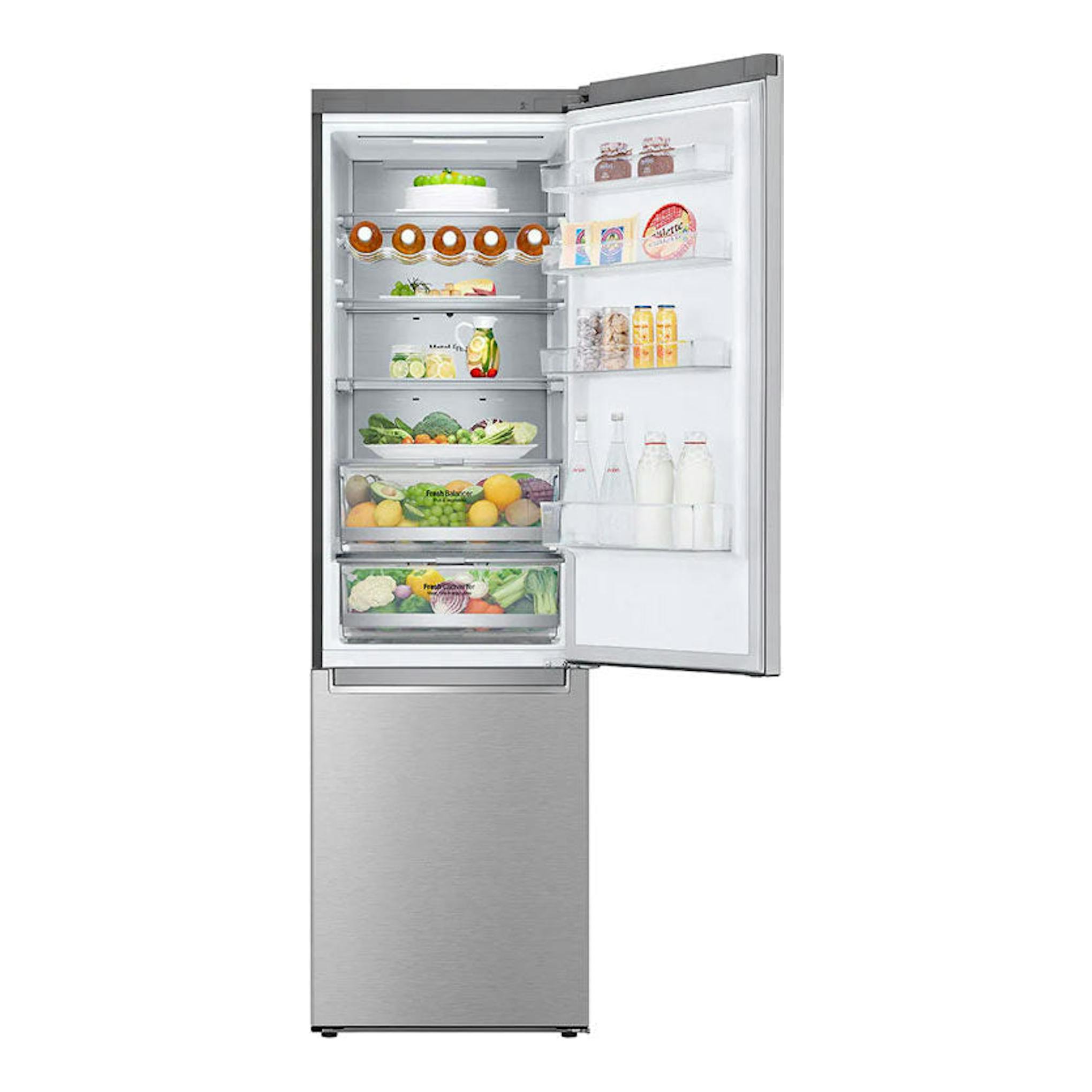 Frigorífico combi LG GBB72NSUCN inox, vista frontal con la puerta abierta y estantes interiores visibles.