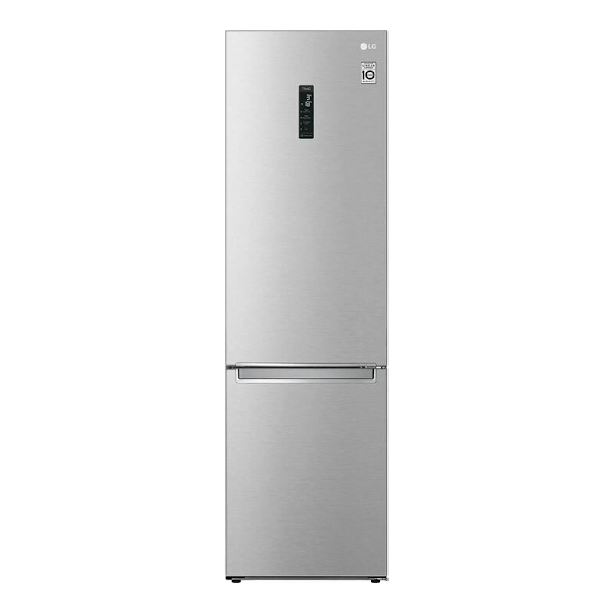 Frigorífico combi LG GBB72NSUCN1 de acero inoxidable, vista frontal con display en la puerta.