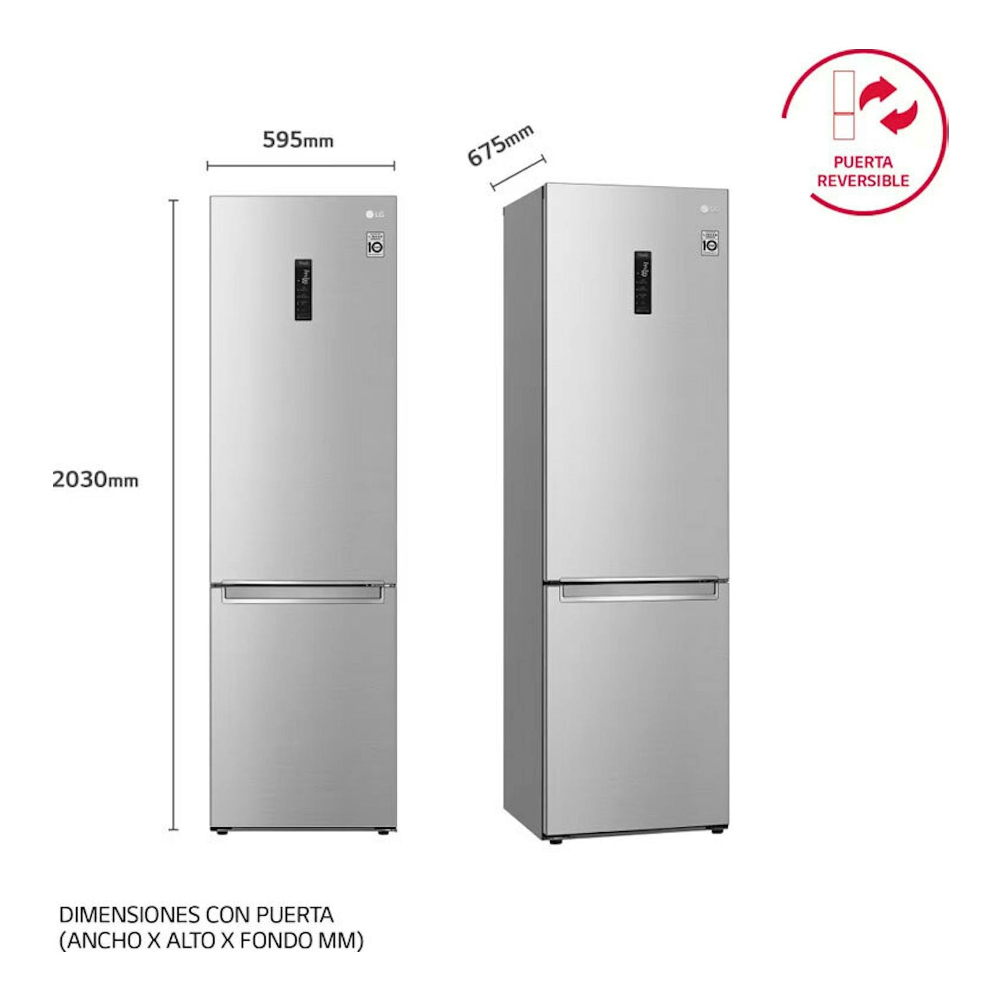 Frigorífico combi LG GBB72NSUCN1 acero, vistas frontal y lateral, 595x2030x675 mm, puerta reversible.