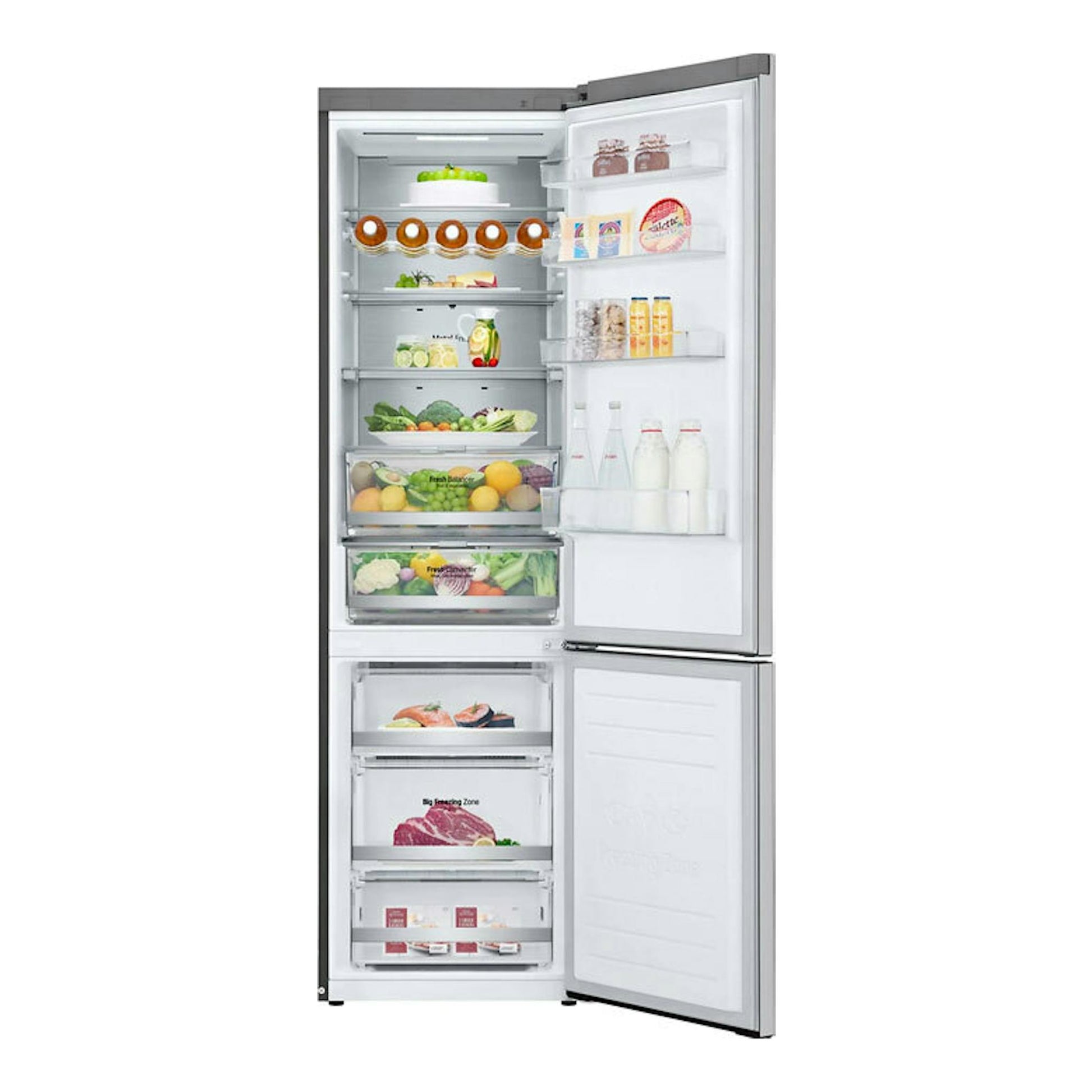Frigorífico combi LG GBB72NSUCN1 en acero, vista frontal con puertas abiertas y compartimentos visibles.
