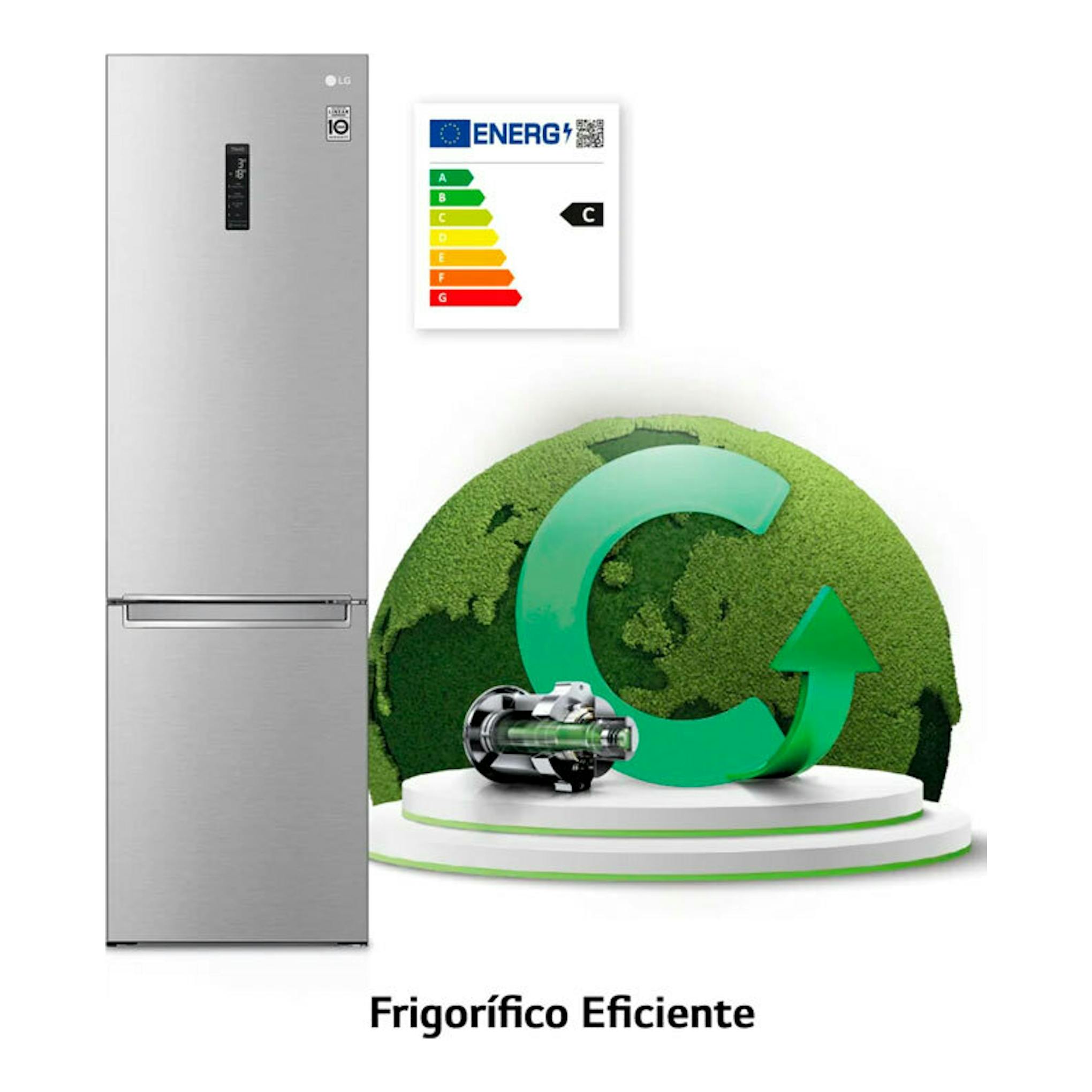 Frigorífico combi LG GBB72NSUCN1 de acero, vista frontal, con etiqueta energética C.