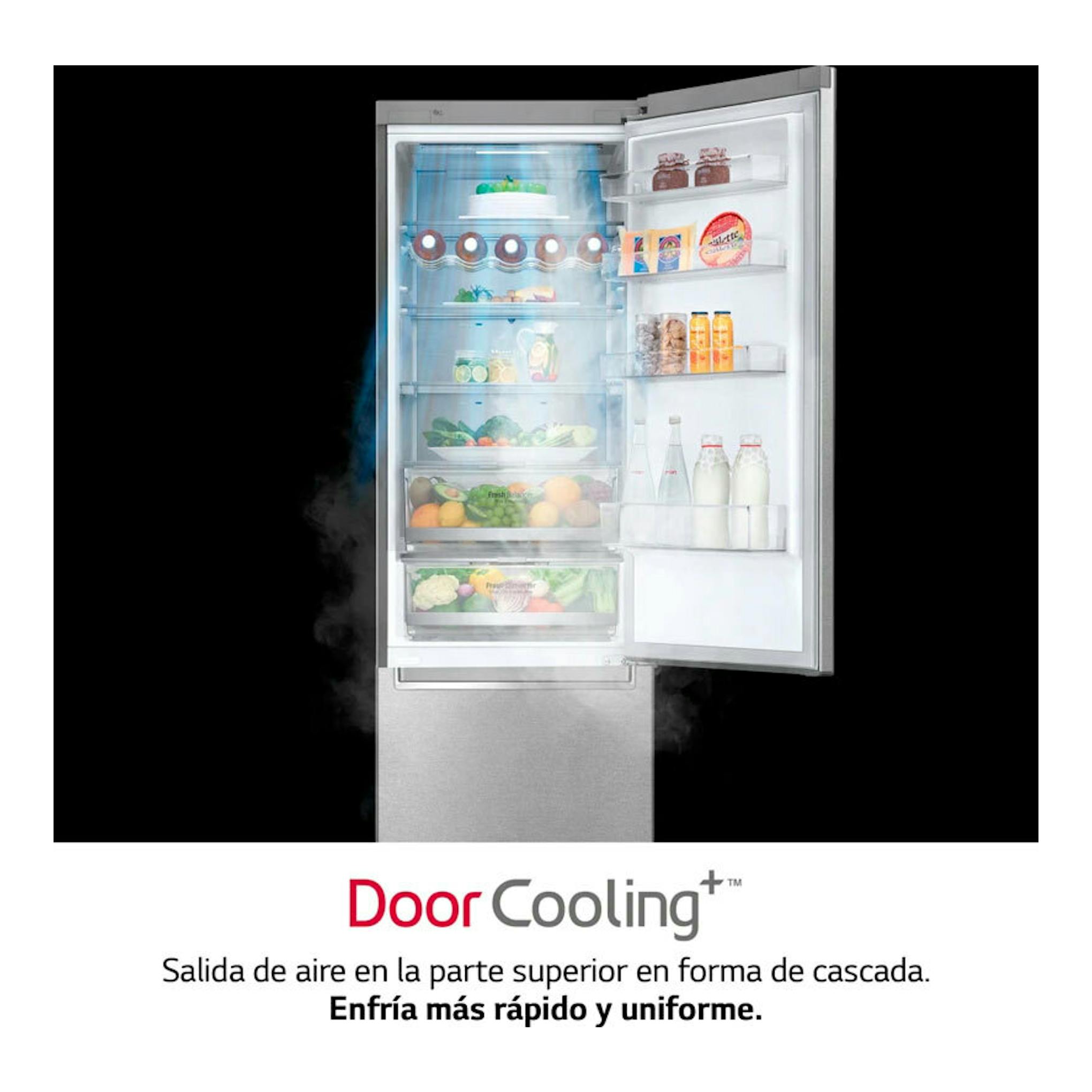 Frigorífico combi LG GBB72NSUCN1 de acero, vista frontal con la puerta abierta y estantes visibles.