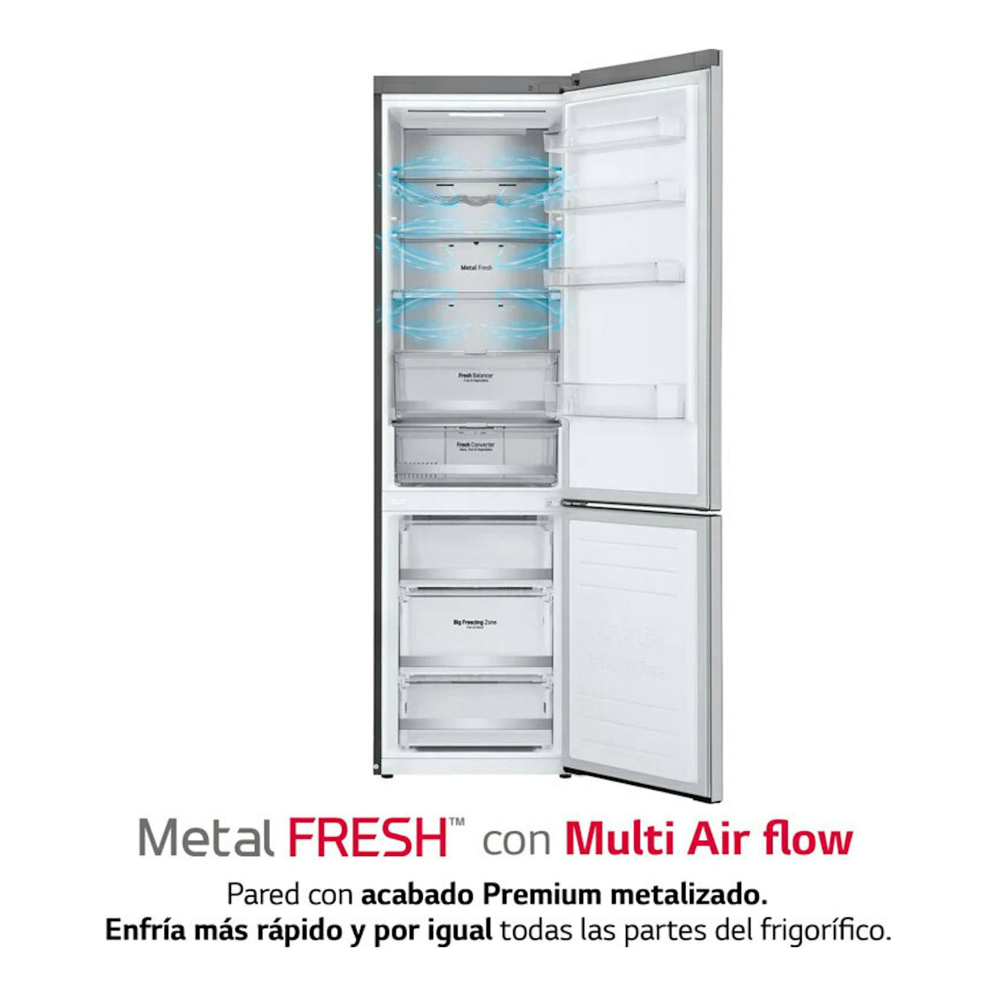 Frigorífico combi LG GBB72NSUCN1 de acero, vista frontal con puertas abiertas y compartimentos interiores.