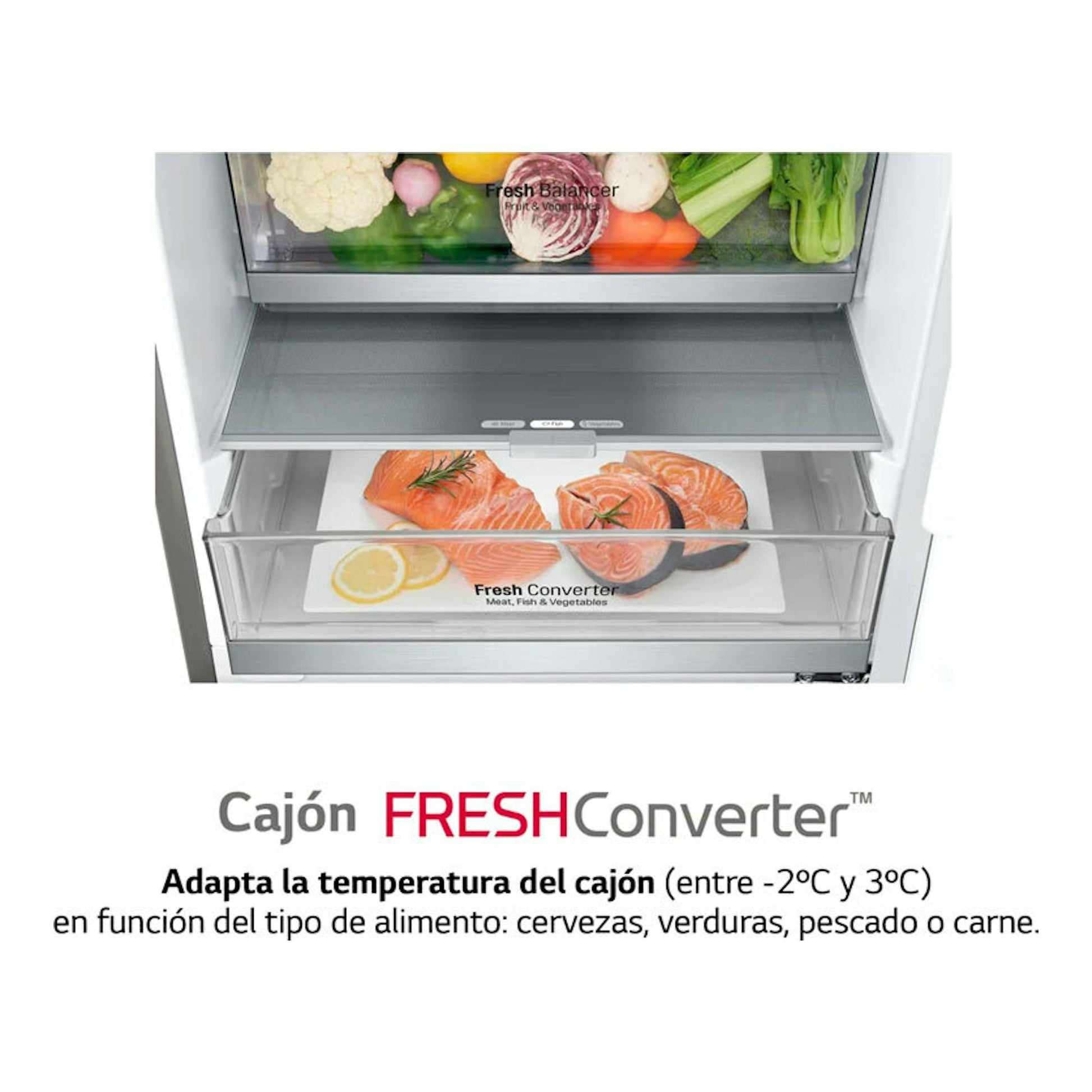 Cajón Fresh Converter de un frigorífico LG, vista frontal en acero, con verduras y salmón en los compartimentos.