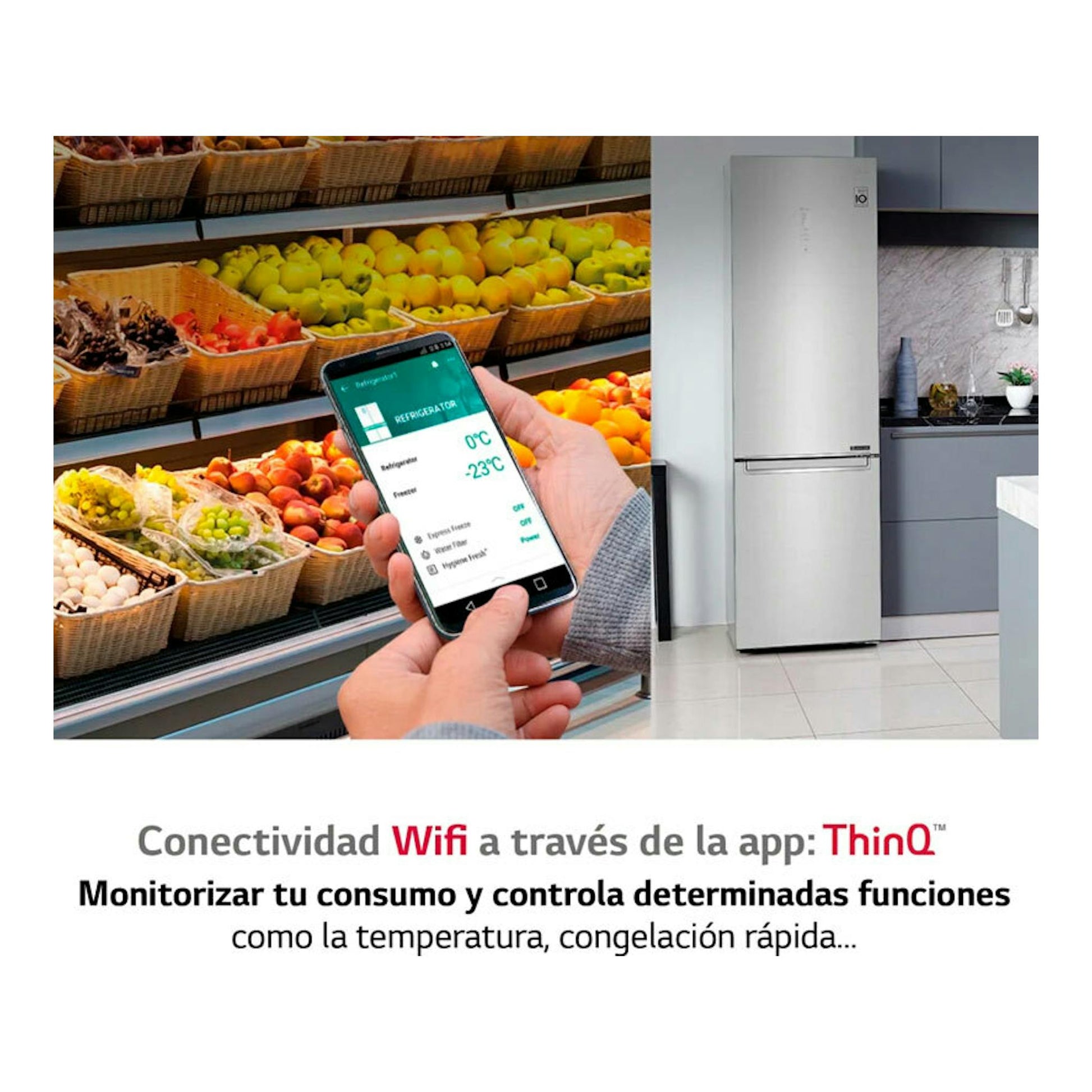 Frigorífico combi LG GBB72NSUCN1 de acero, vista frontal en cocina moderna, con control por app.