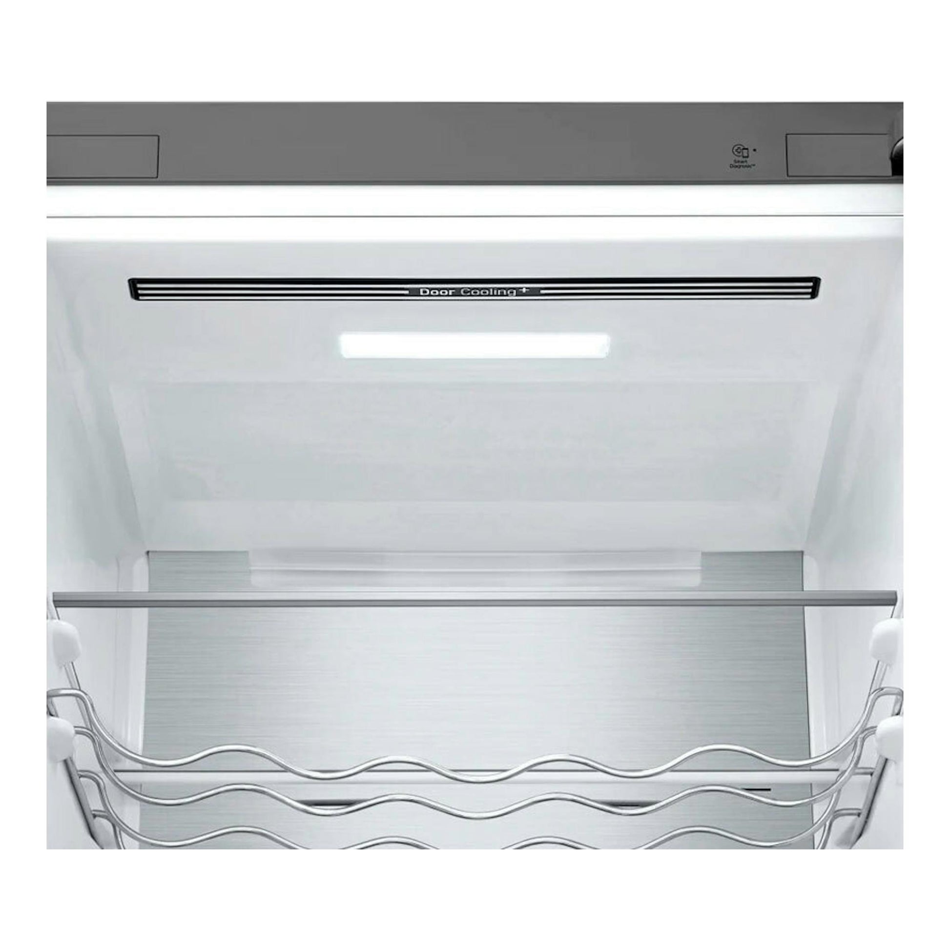 Vista interior de frigorífico combi LG GBB72NSUCN1 en acero, con balda para botellas y Door Cooling+.