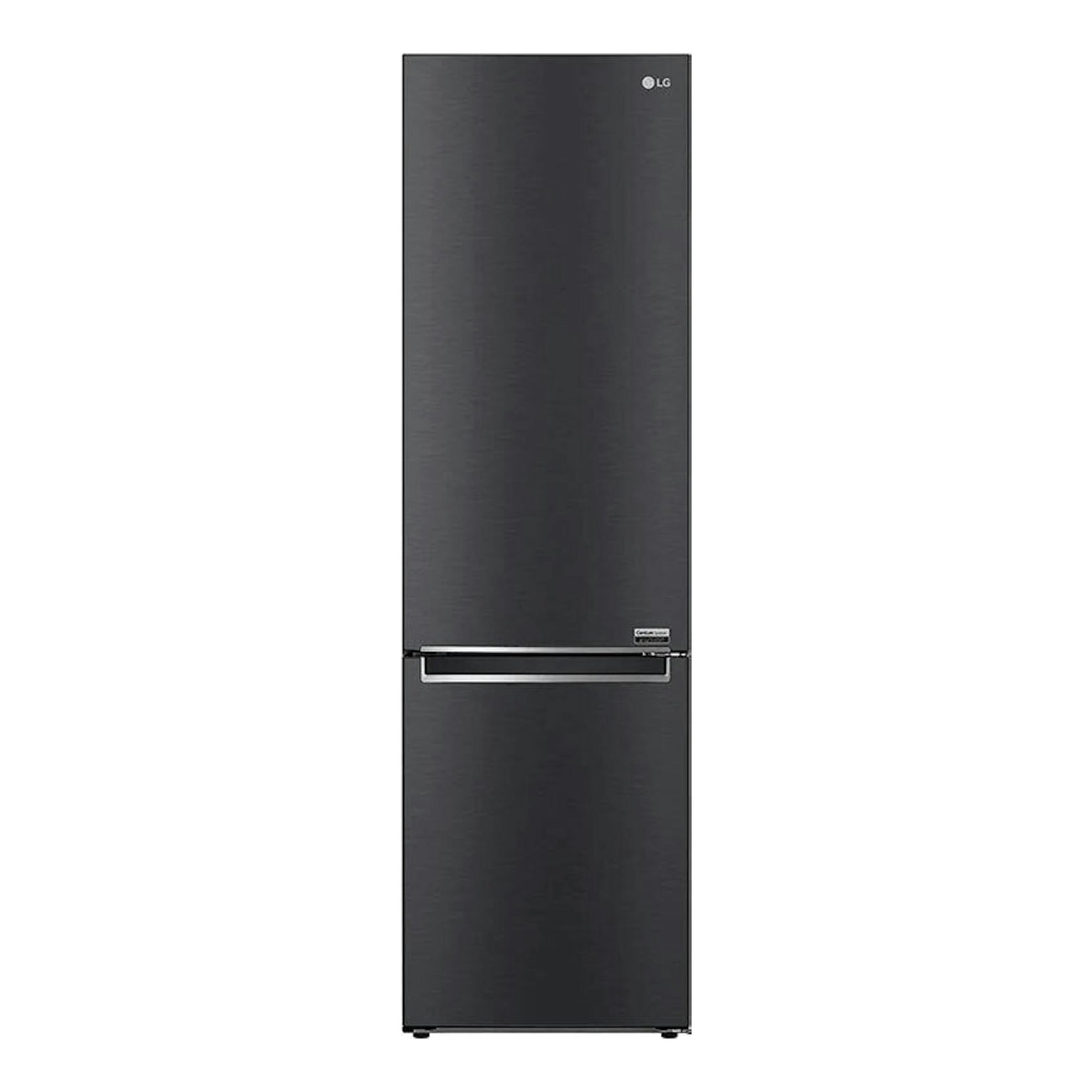 Frigorífico combi LG GBB92MCB1P negro, vista frontal, con puertas lisas y tirador horizontal.