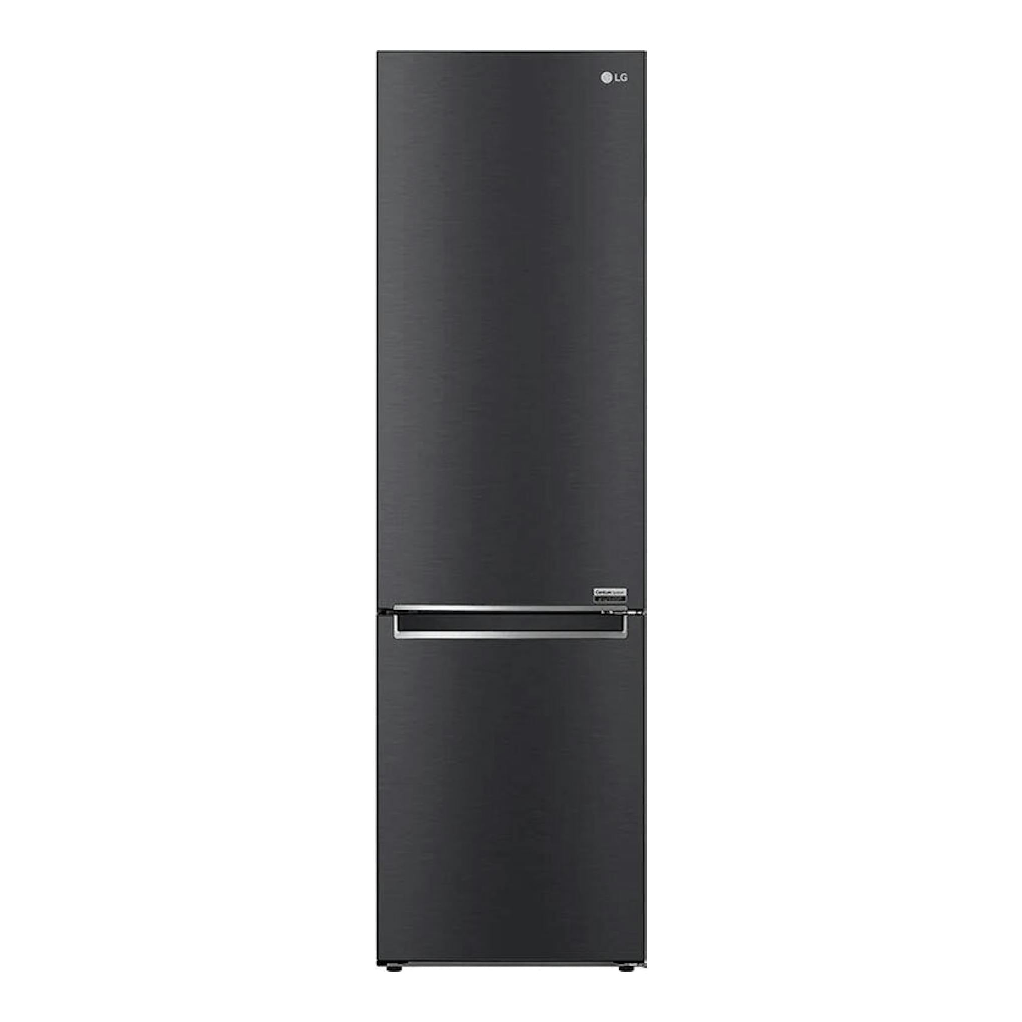 Frigorífico combi LG GBB92MCB1P negro, vista frontal, con puertas lisas y tirador horizontal.