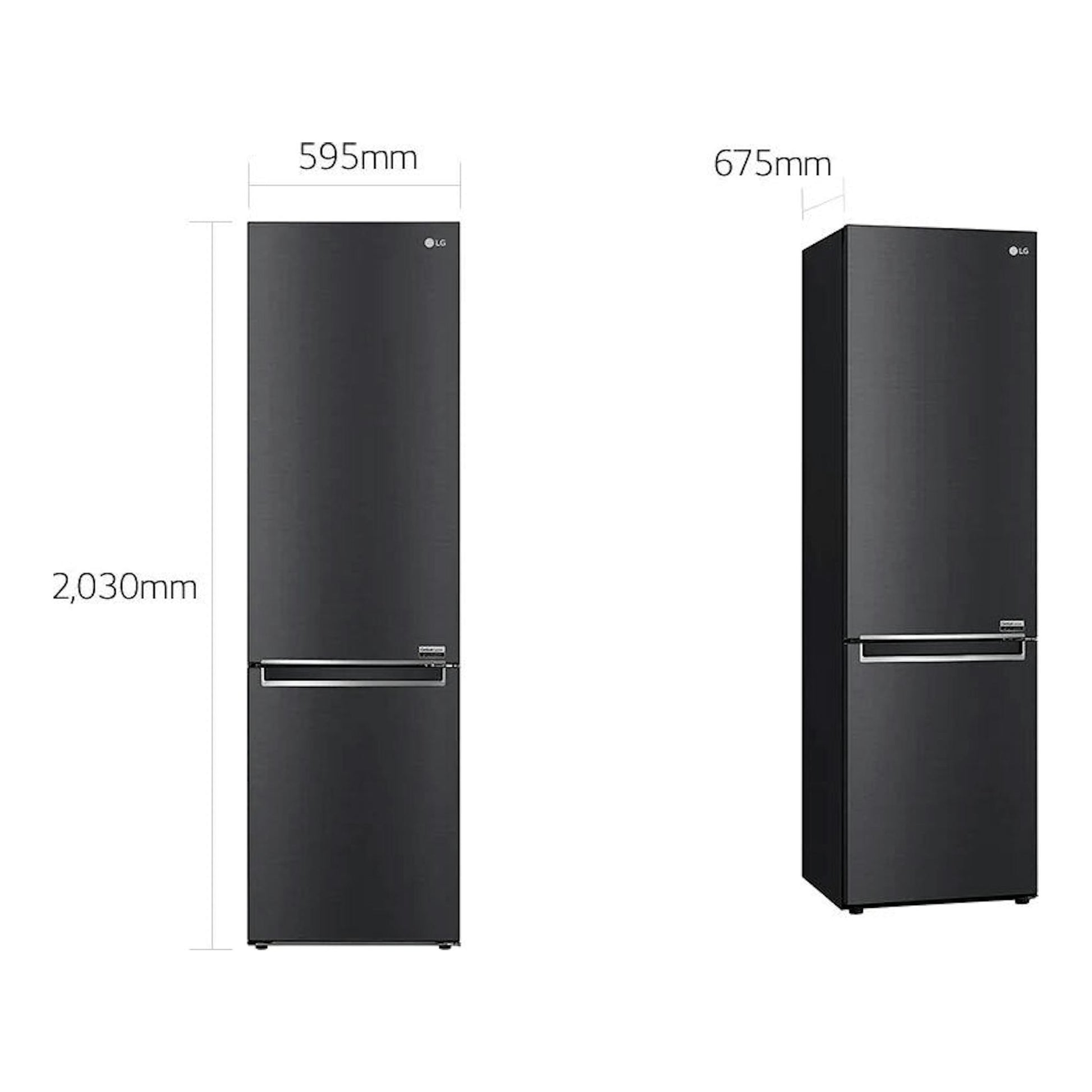 Frigorífico combi LG GBB92MCB1P negro, vista frontal y lateral, con medidas 2030 x 595 x 675 mm.