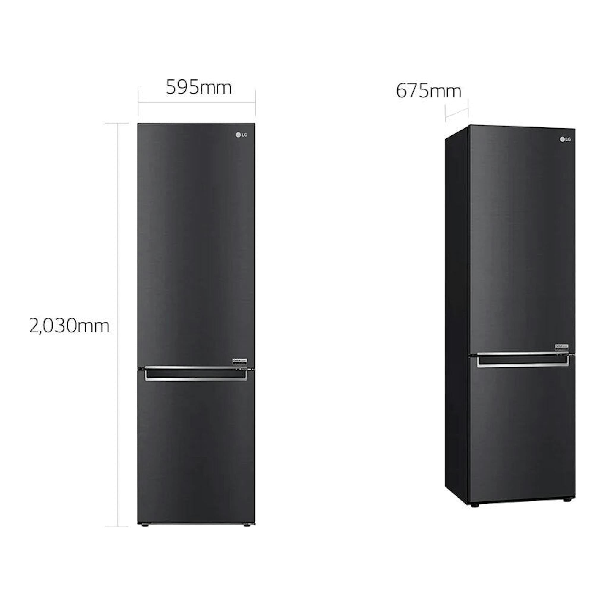 Frigorífico combi LG GBB92MCB1P negro, vista frontal y lateral, con medidas 2030 x 595 x 675 mm.