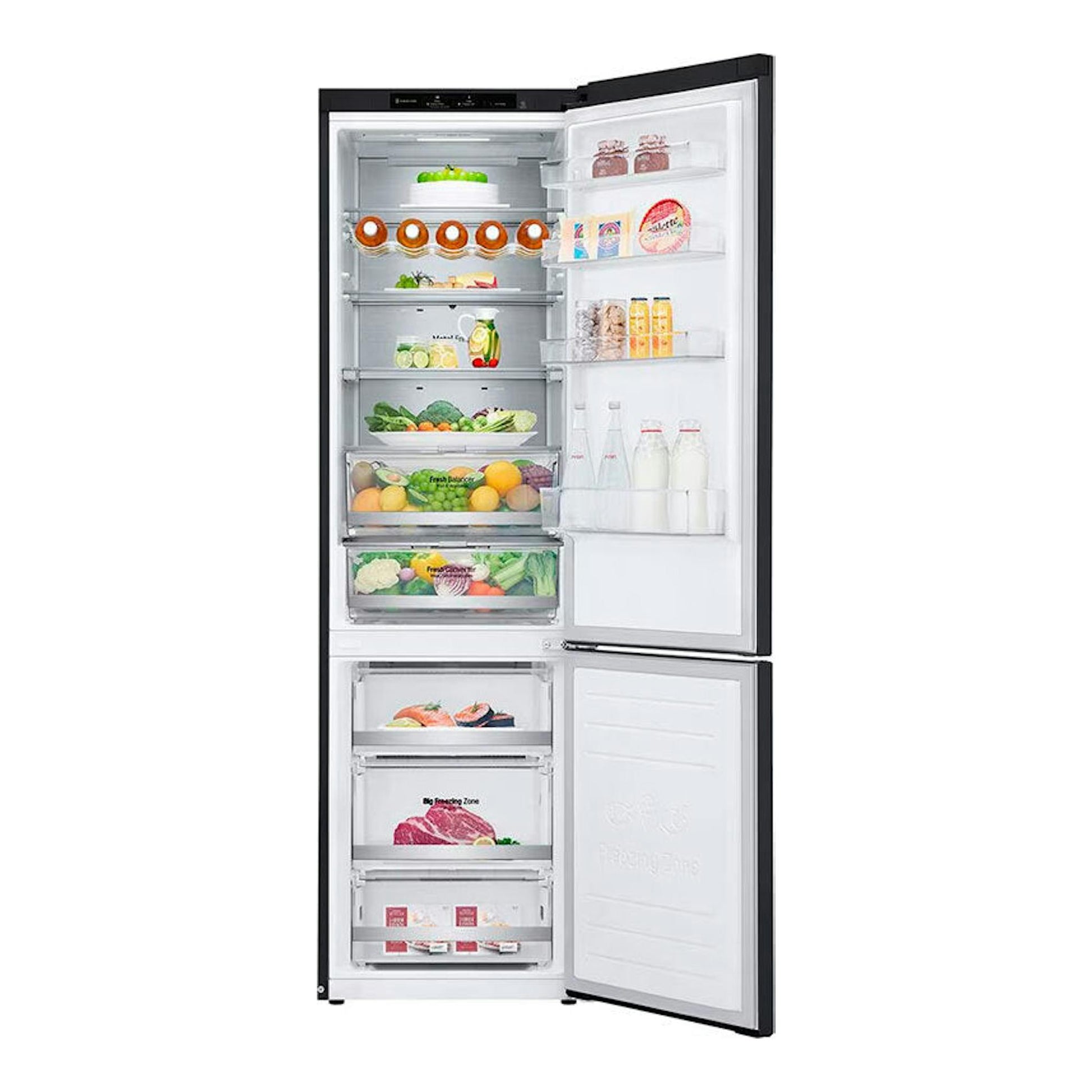 Frigorífico combi LG GBB92MCB1P negro, vista frontal con puertas abiertas y compartimentos interiores visibles.