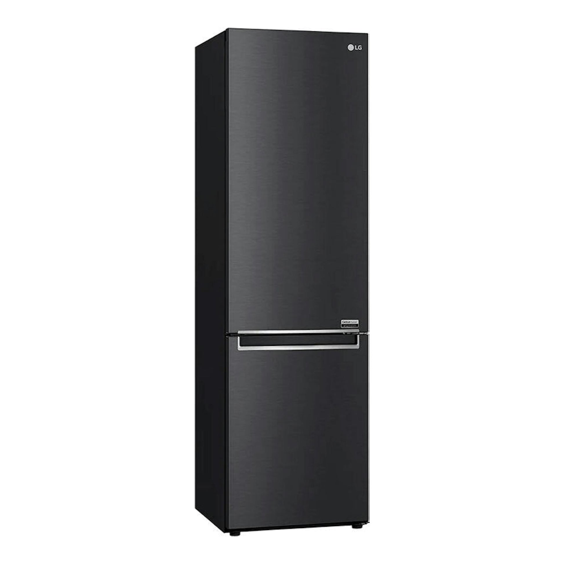 Frigorífico combi LG GBB92MCB1P negro, vista frontal, con asa horizontal y congelador inferior.