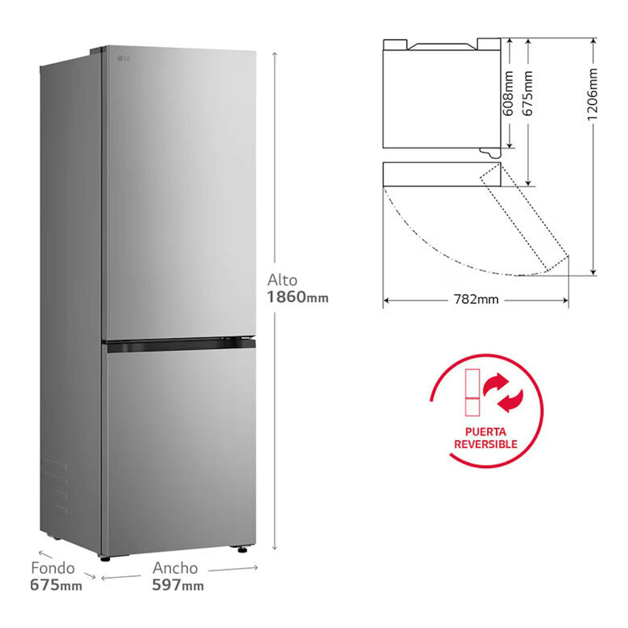 Frigorífico combi LG GBBS312APY inox, vista frontal en gris, con medidas 1860x597x675 mm y puerta reversible.