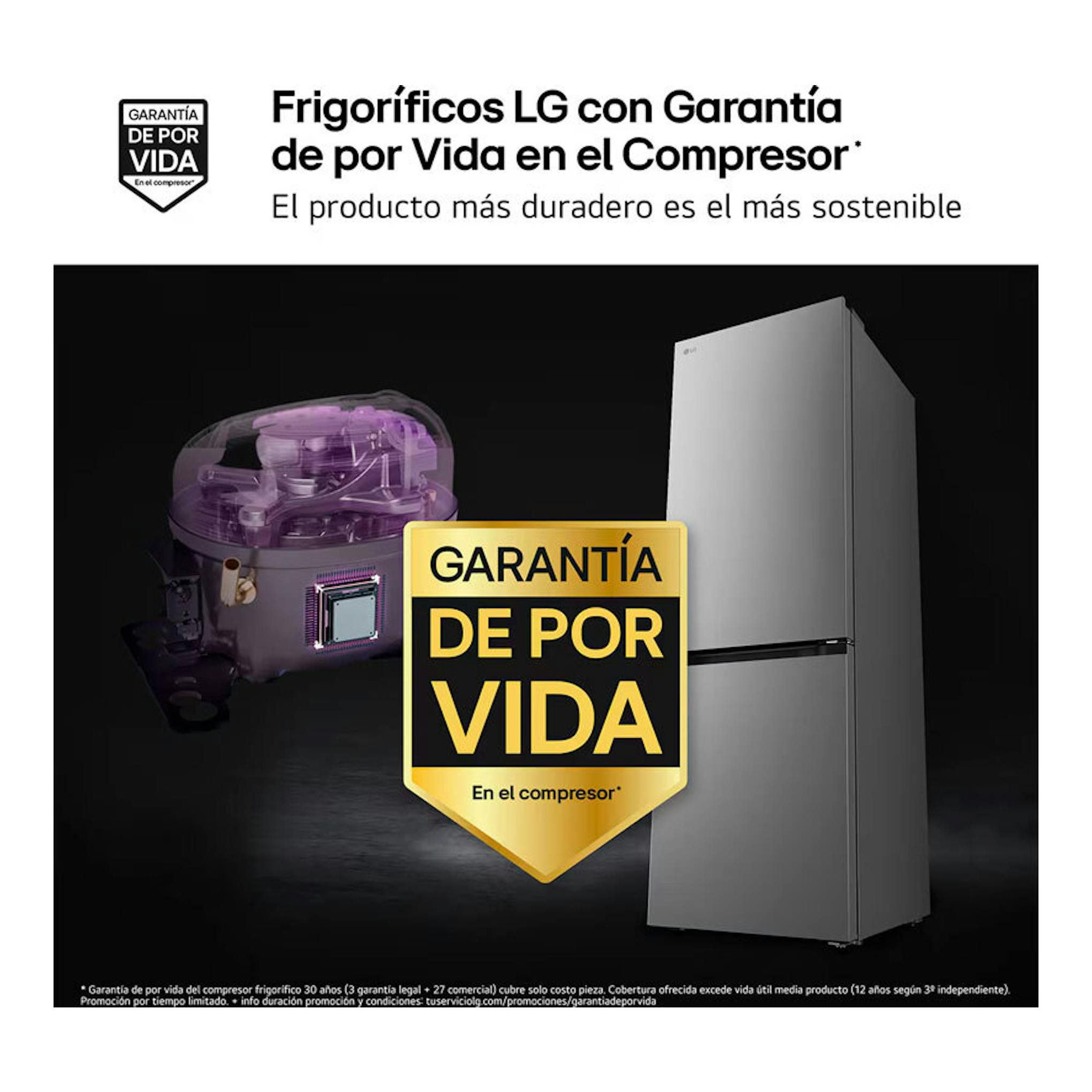 Frigorífico combi LG GBBS312APY inox, vista frontal en color plata, junto a un compresor y sello de garantía.