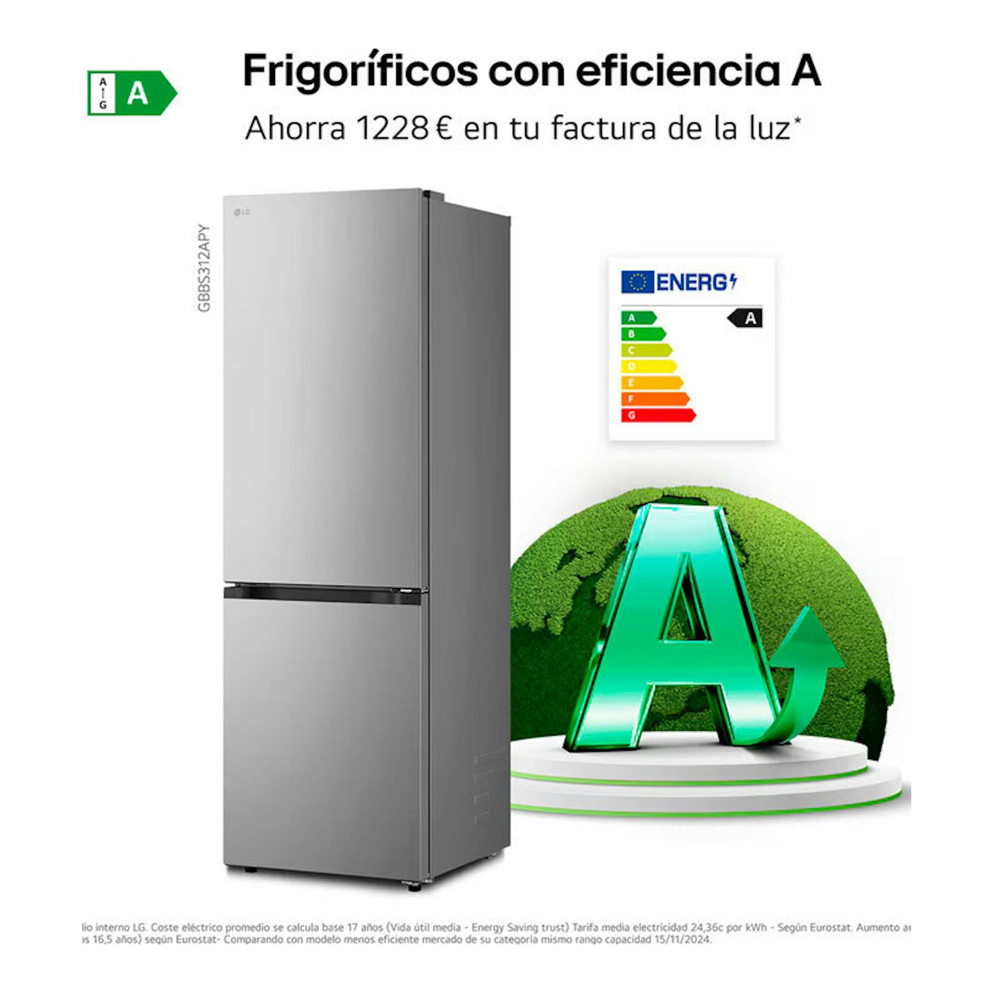 Frigorífico combi LG GBBS312APY inox, vista frontal ligeramente lateral, con etiqueta energética A.