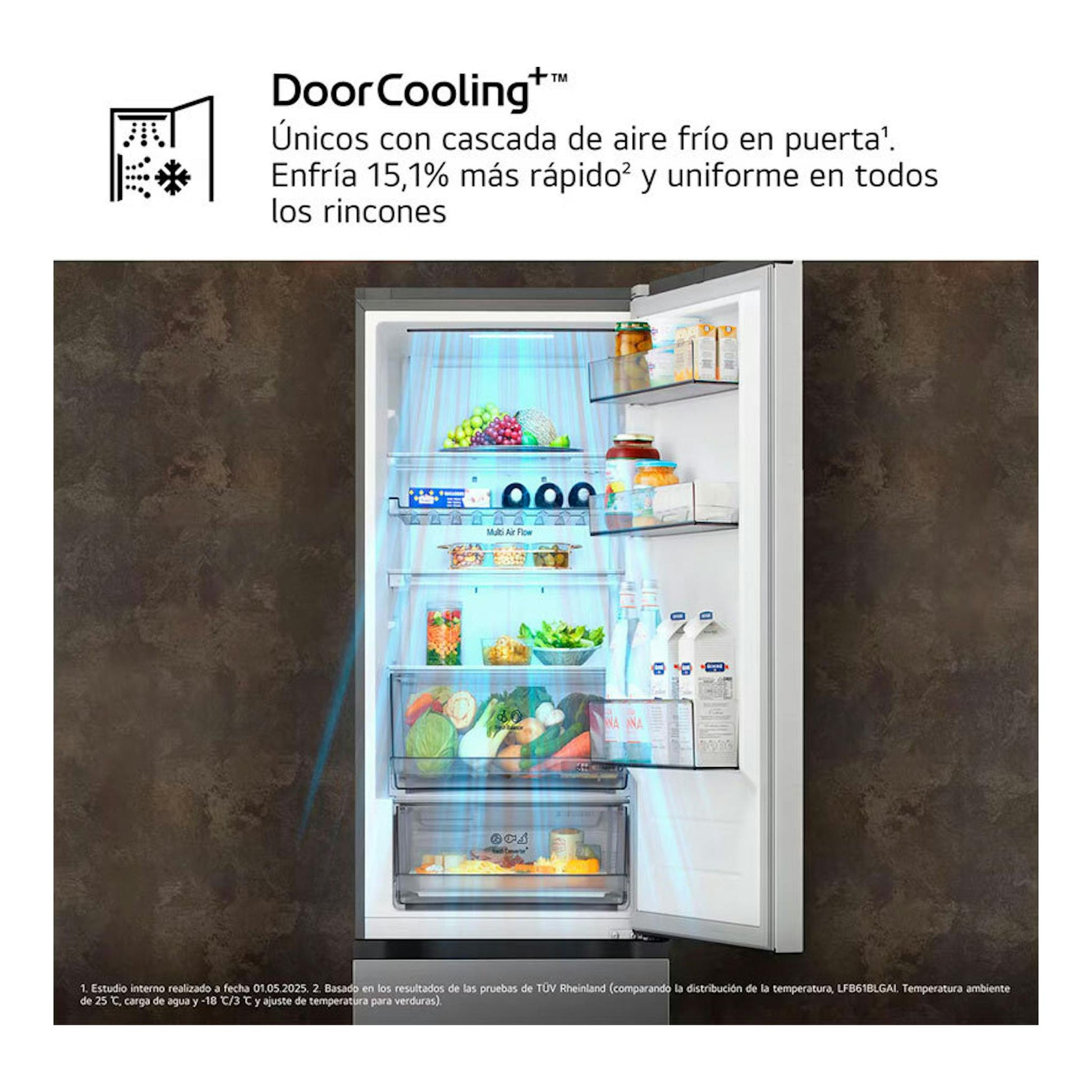 Frigorífico combi LG GBBS312APY inox, vista frontal con puerta abierta y estantes iluminados con alimentos.