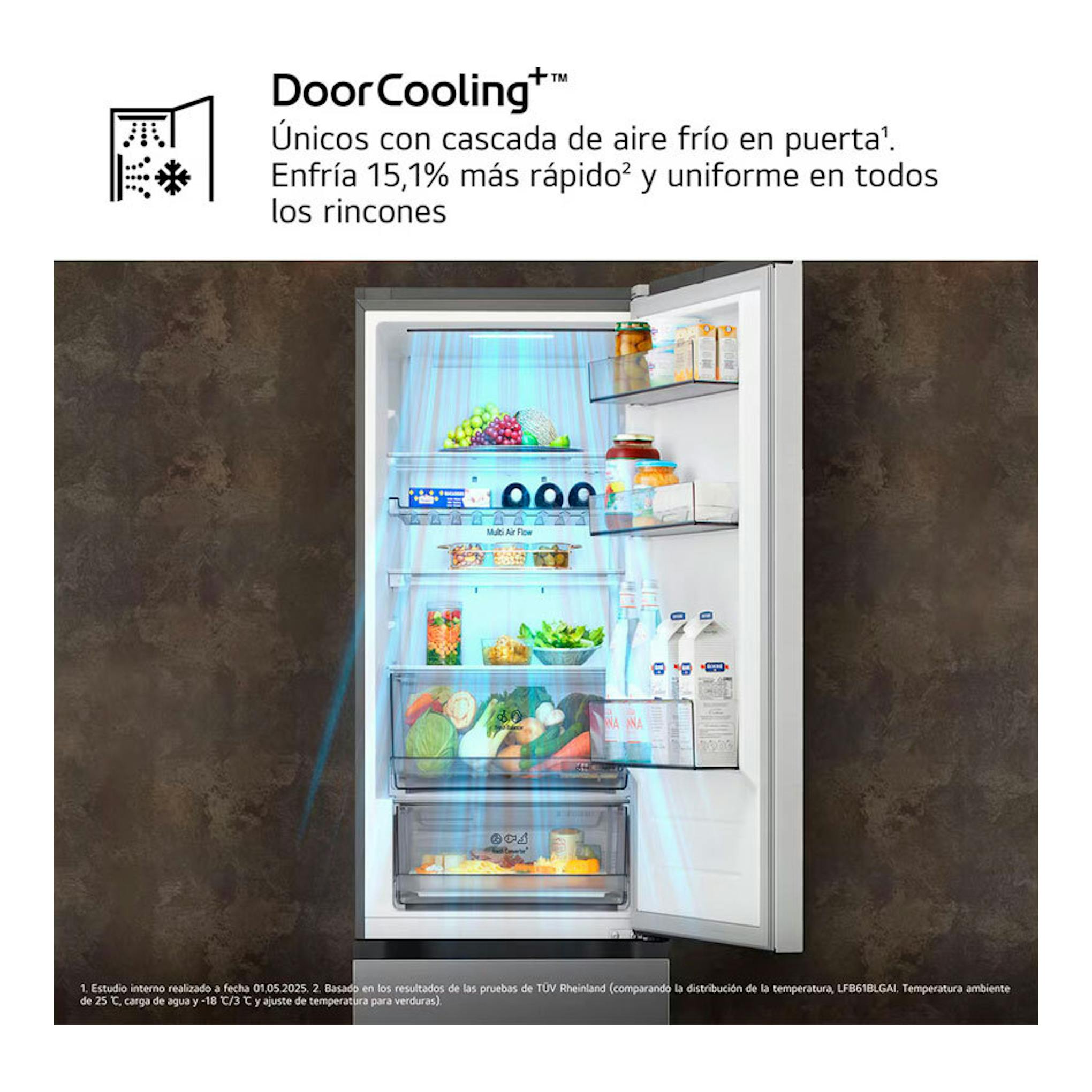 Frigorífico combi LG GBBS312APY inox, vista frontal con puerta abierta y estantes iluminados con alimentos.
