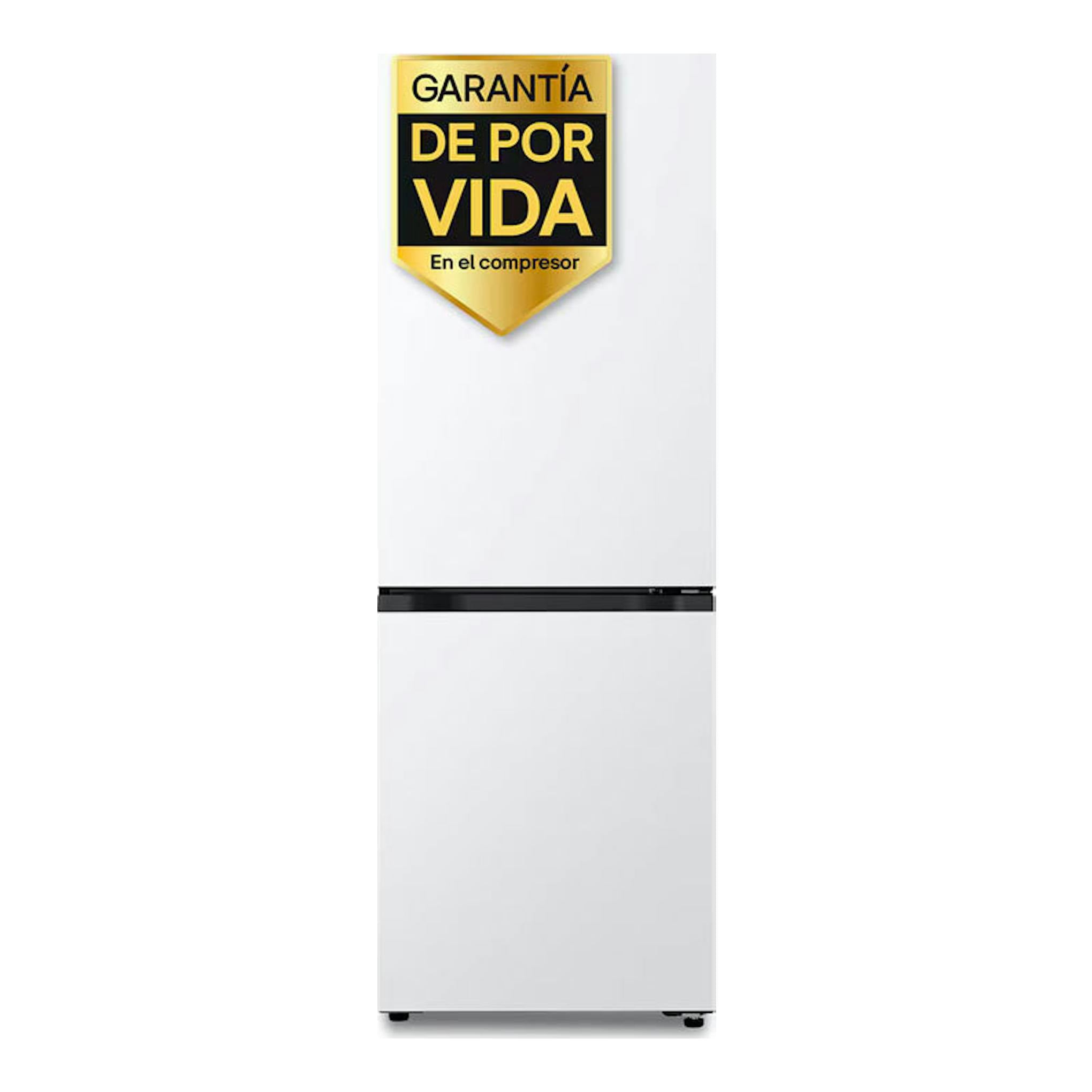 Frigorífico combi LG GBBS312ASW blanco, vista frontal, con banda negra y etiqueta de garantía en la puerta.