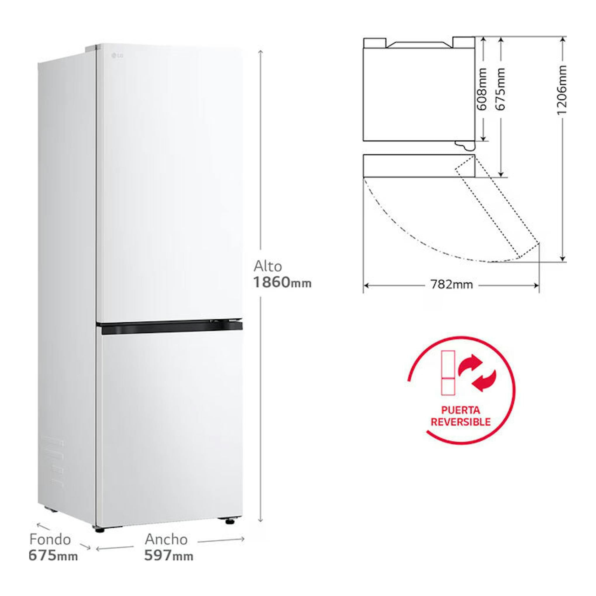 Frigorífico combi LG GBBS312ASW blanco, vista frontal y lateral con medidas y puerta reversible.