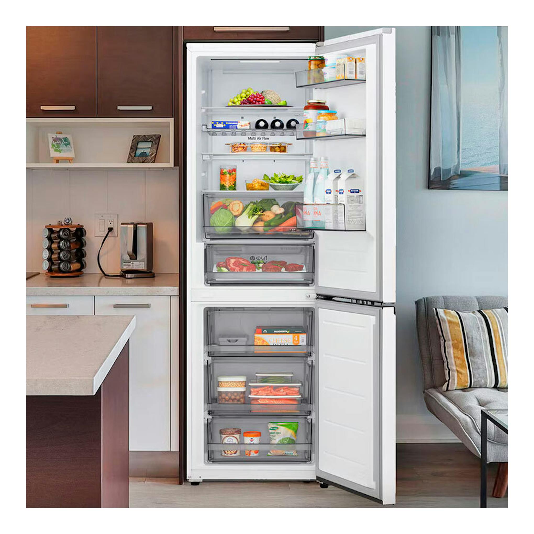 Frigorífico combi LG GBBS312ASW blanco, vista frontal con puertas abiertas y compartimentos visibles.