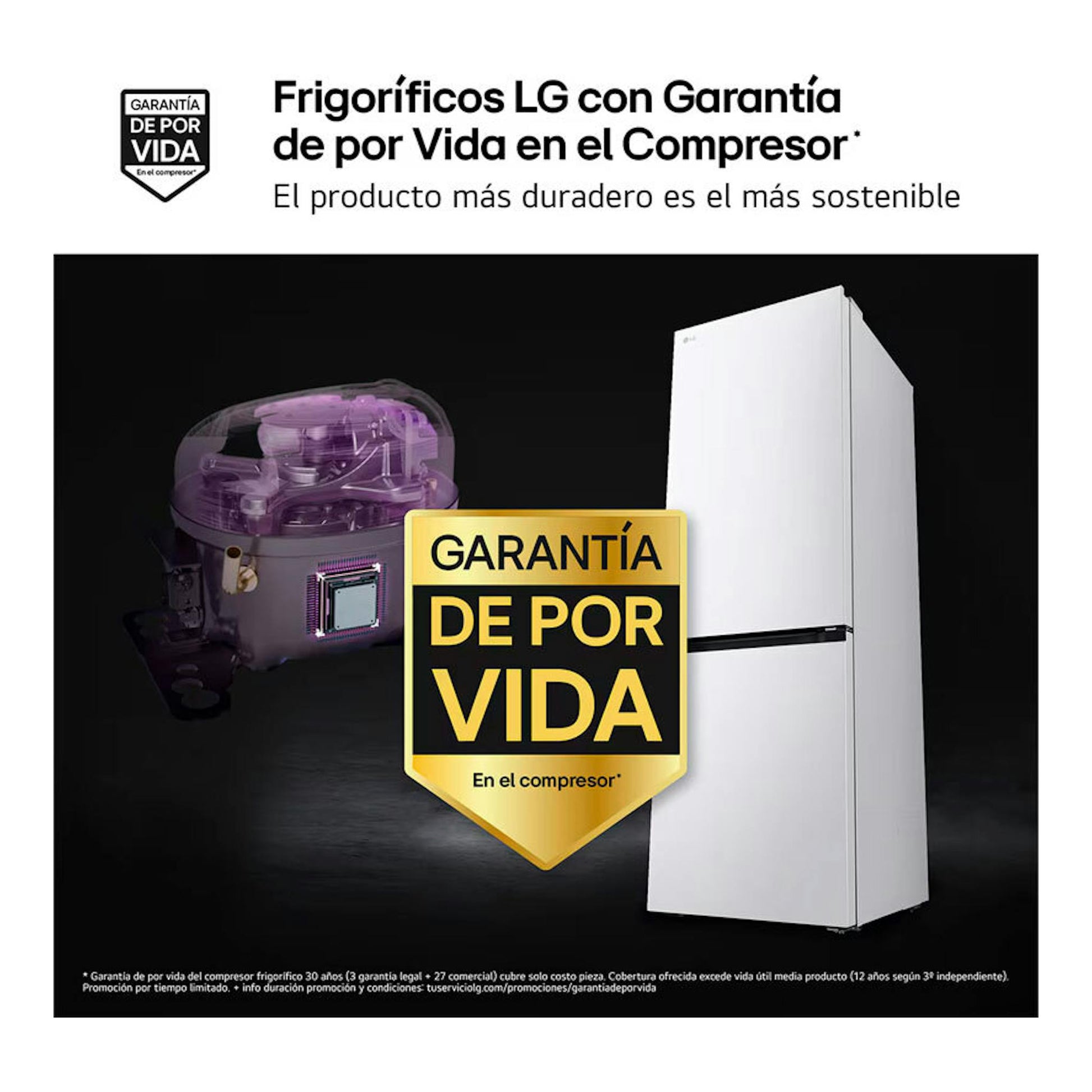 Frigorífico combi LG GBBS312ASW blanco, vista frontal, con gráfico del compresor y sello de garantía.