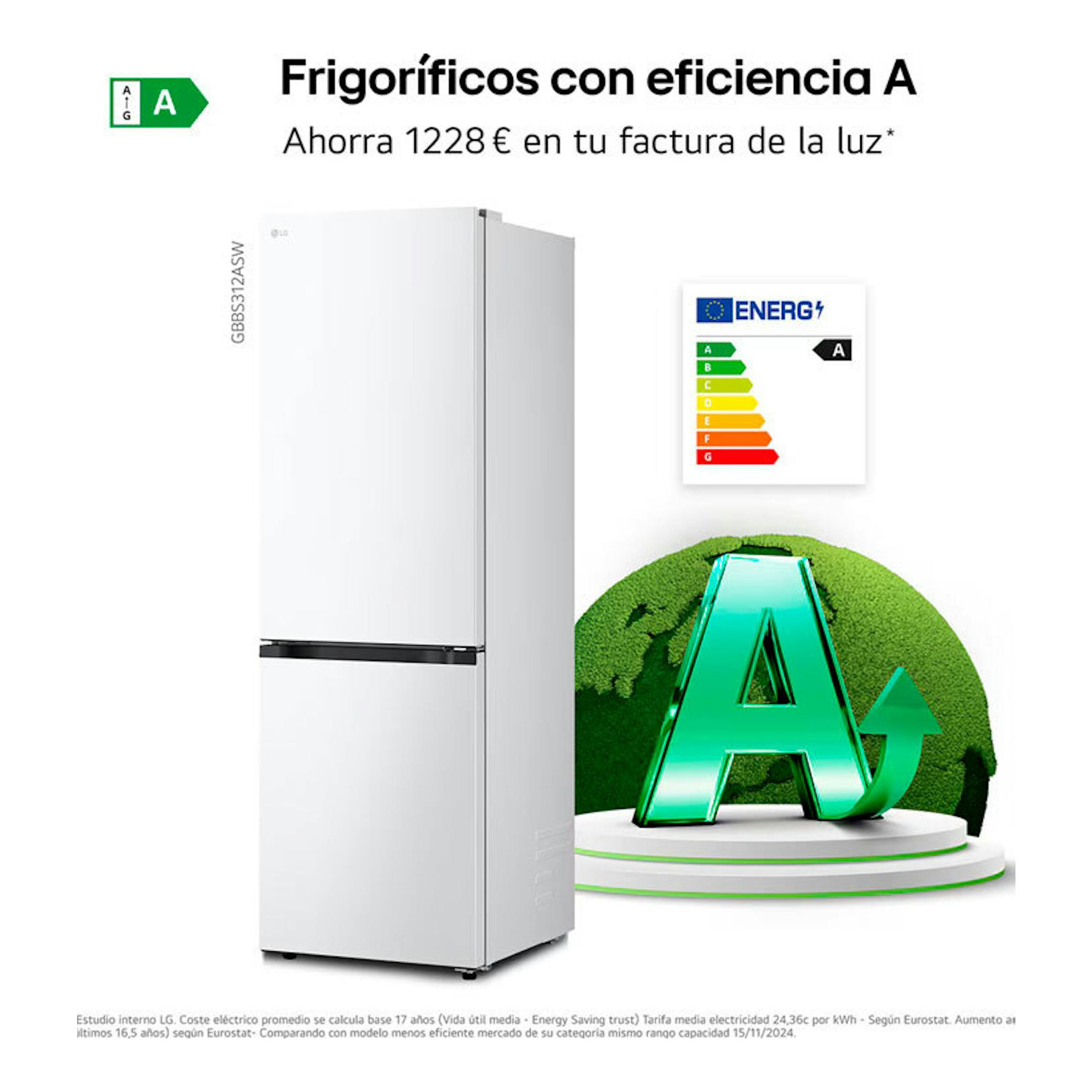 Frigorífico combi LG GBBS312ASW blanco, vista frontal en ángulo, con etiqueta de eficiencia A.