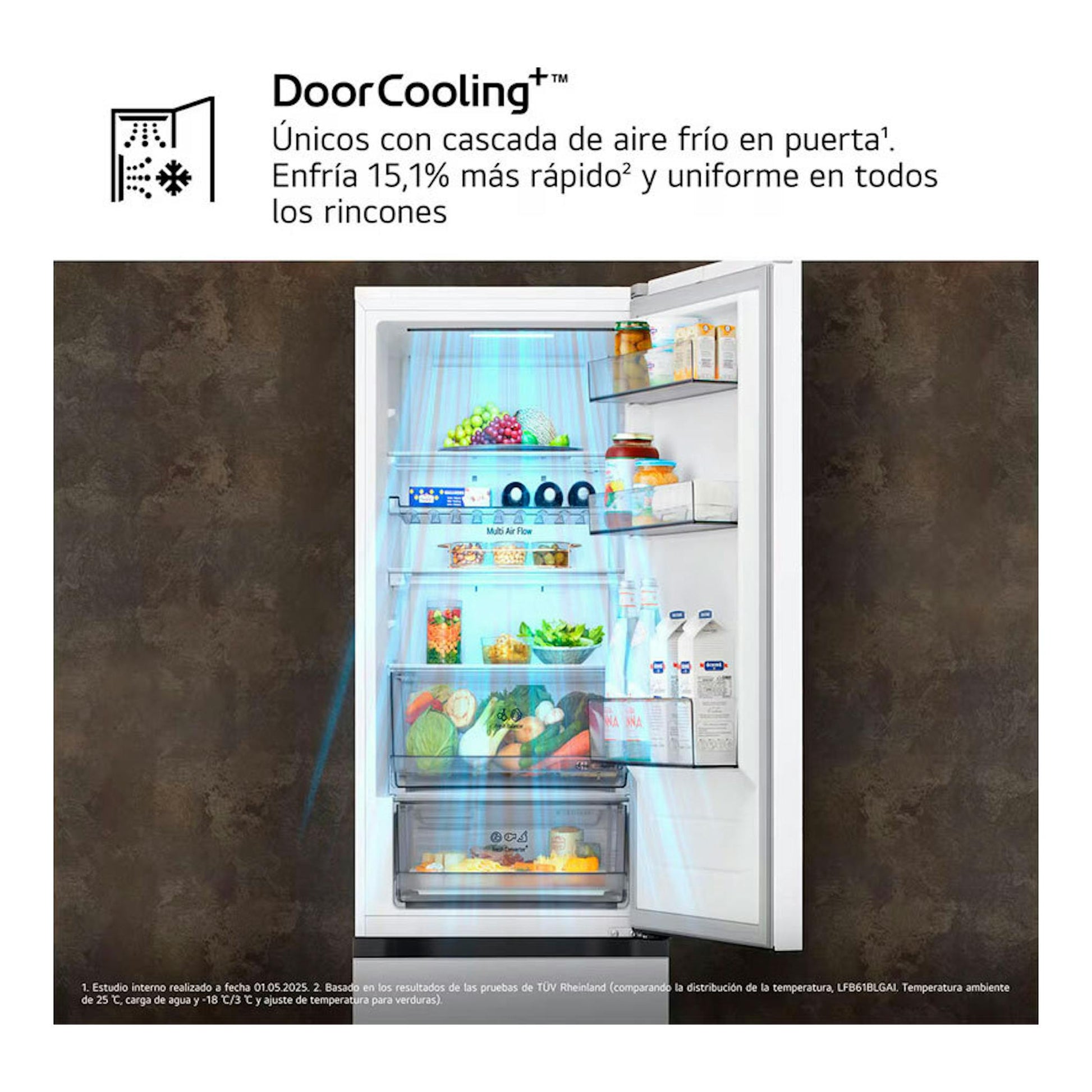 Frigorífico LG GBBS312ASW blanco, vista frontal con puerta abierta y estantes interiores visibles.