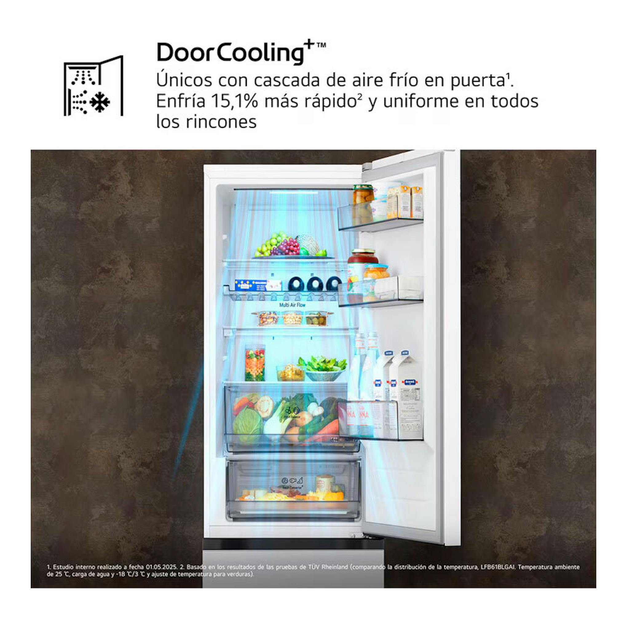 Frigorífico LG GBBS312ASW blanco, vista frontal con puerta abierta y estantes interiores visibles.