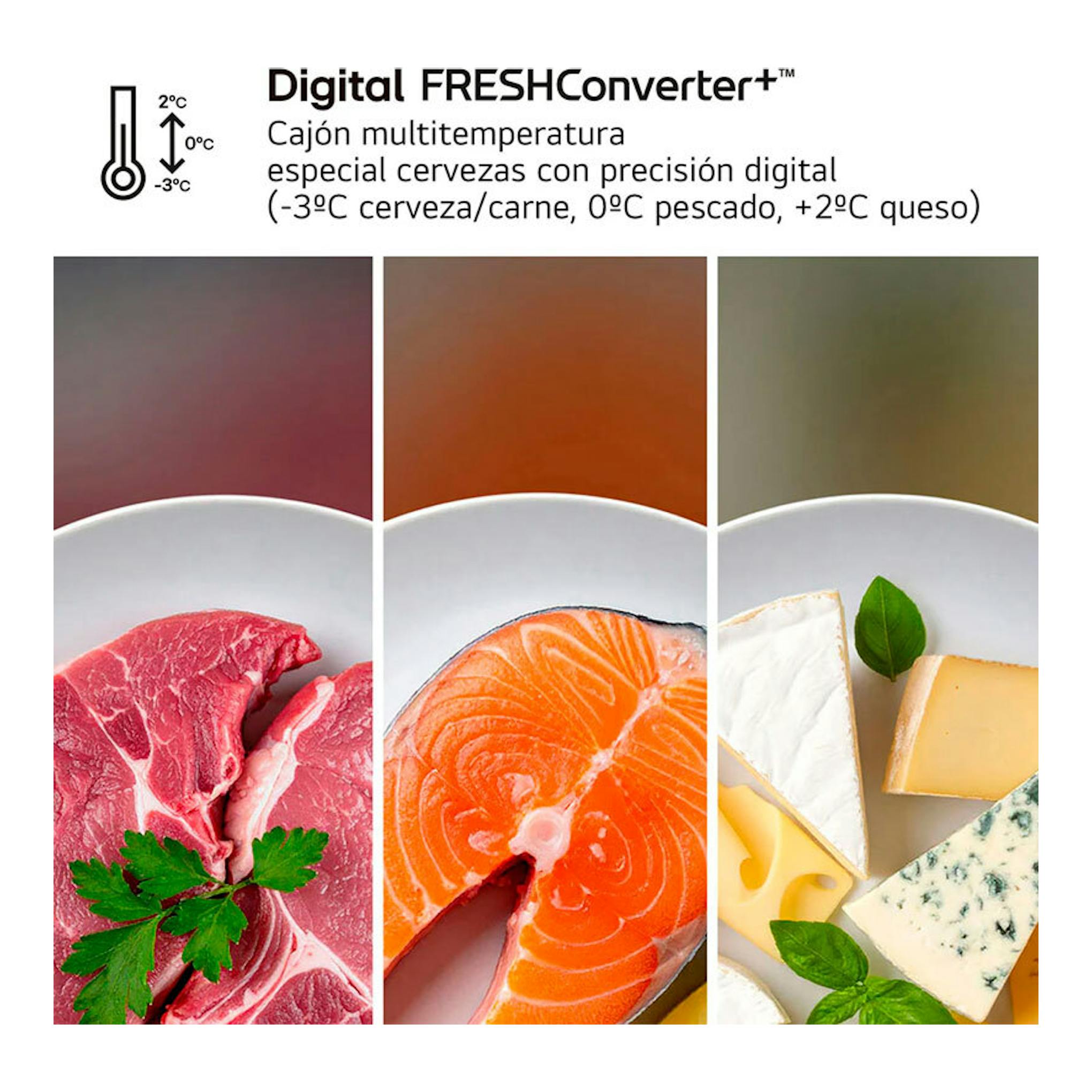 Gráfico de LG GBBS312ASW Digital FRESHConverter+ con carne, salmón y quesos a -3°C, 0°C y +2°C.