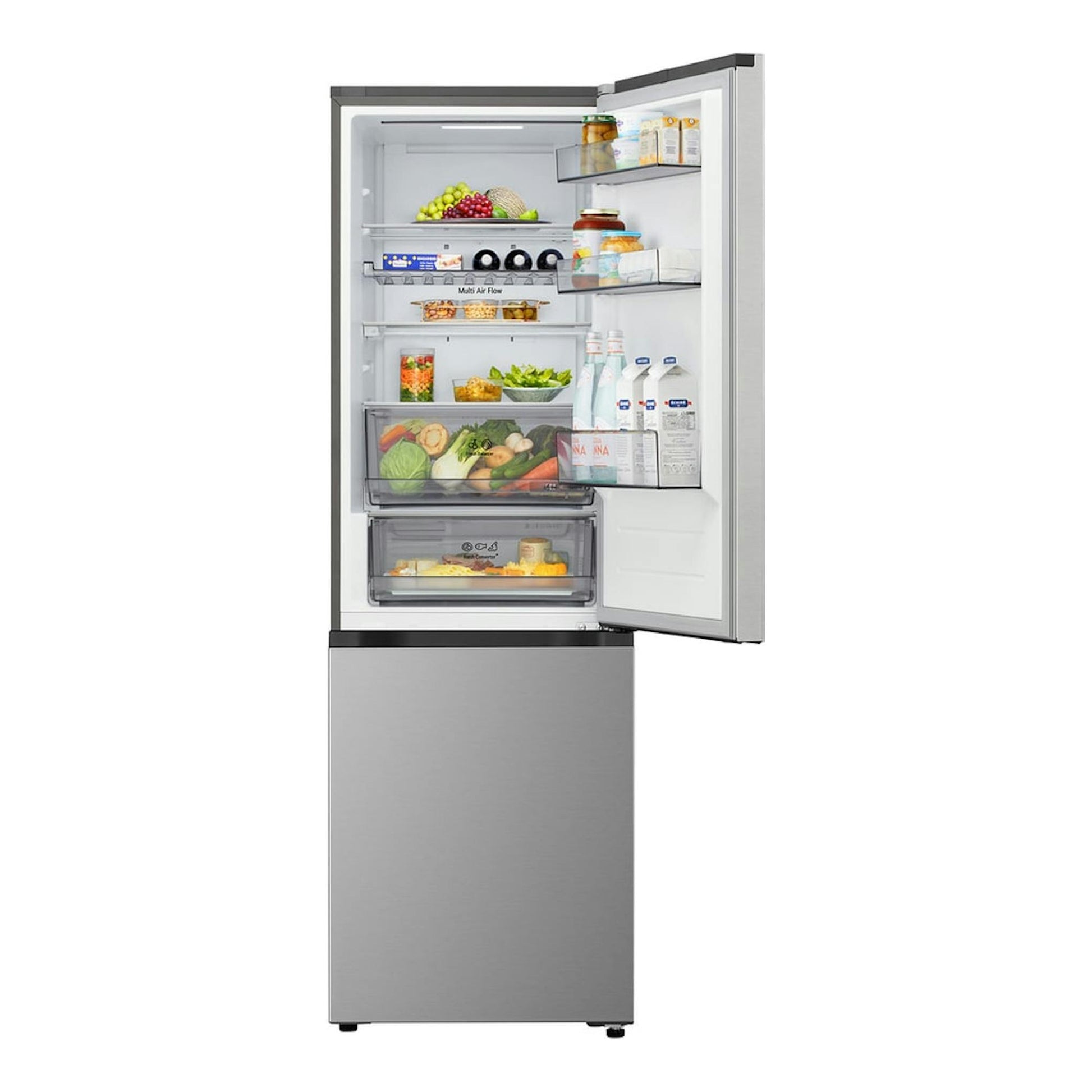 Frigorífico combi LG GBBS312BPY.APYQEUZ integrado, vista frontal, acabado plata, puerta abierta con interior visible.